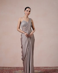 Twamev Women Fawn Satin Saree Elegance