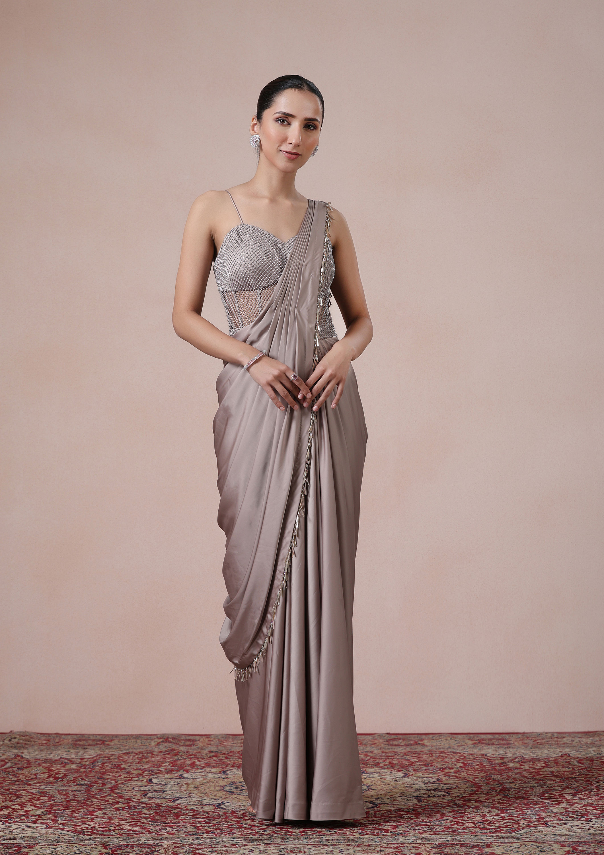 Twamev Women Fawn Satin Saree Elegance