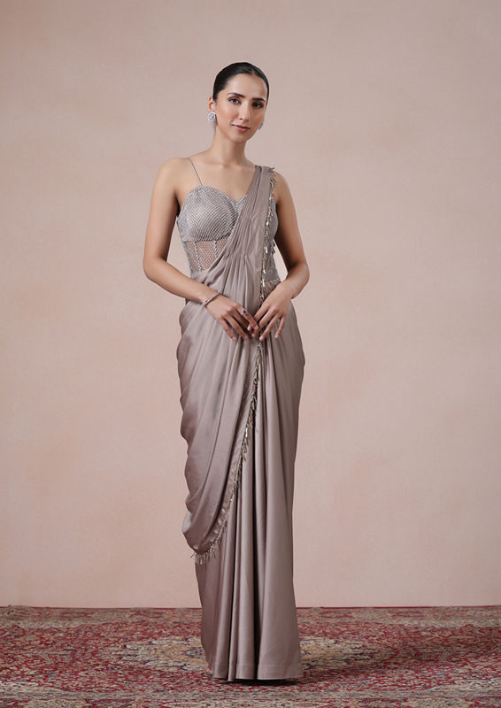 Twamev Women Fawn Satin Saree Elegance