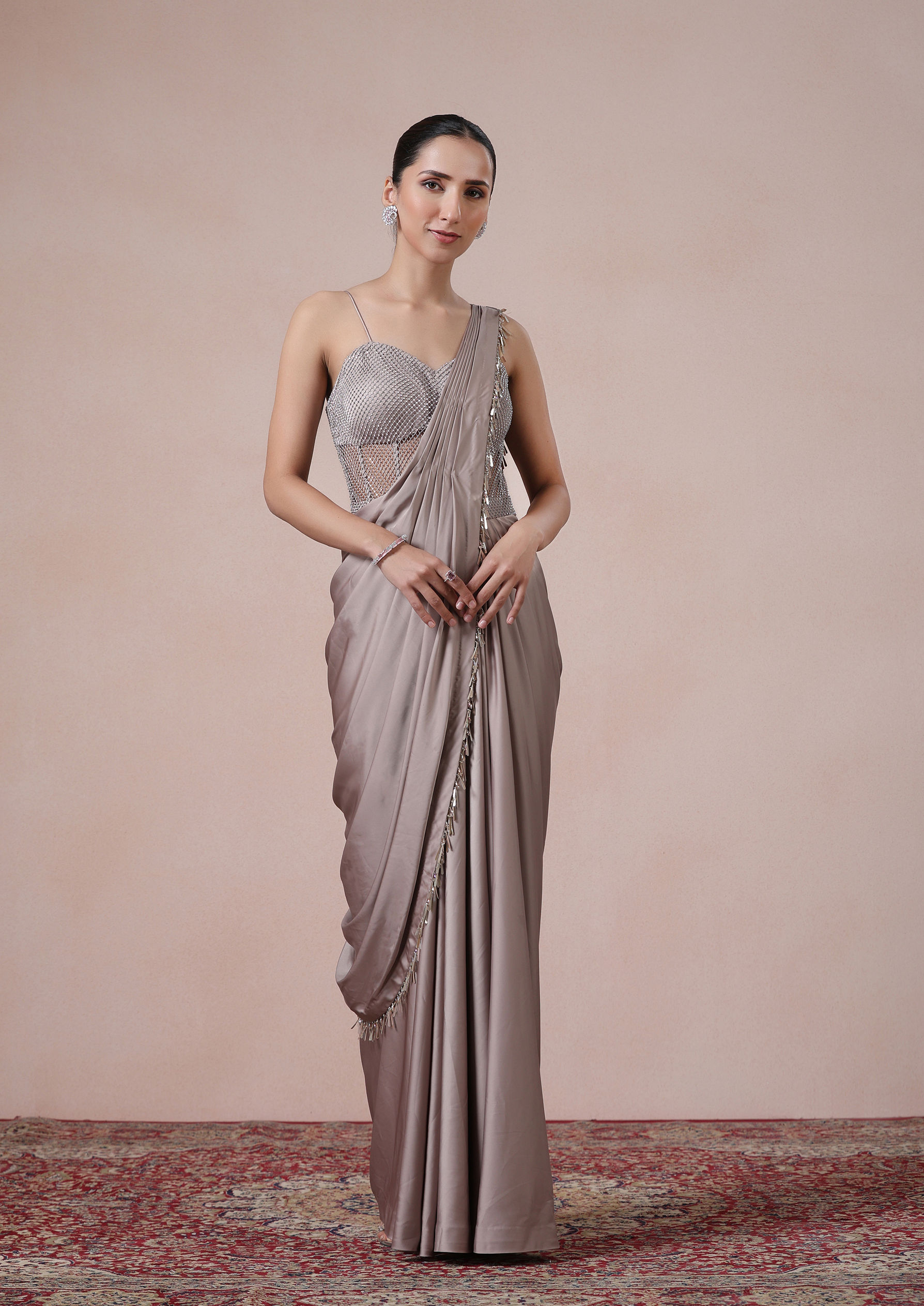 Twamev Women Fawn Satin Saree Elegance