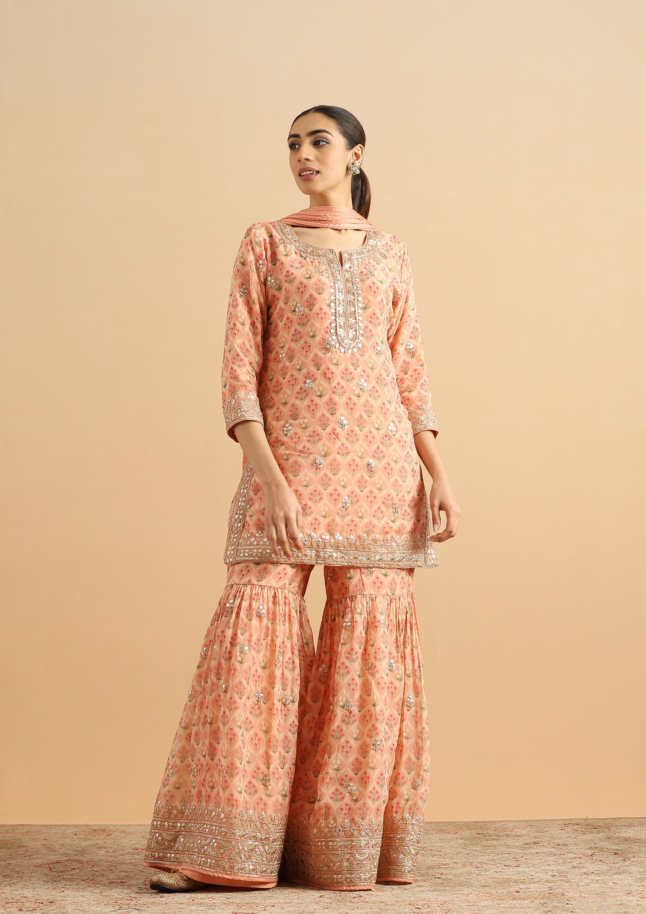Twamev Women Peachy Organza Tulip Stitched Suit