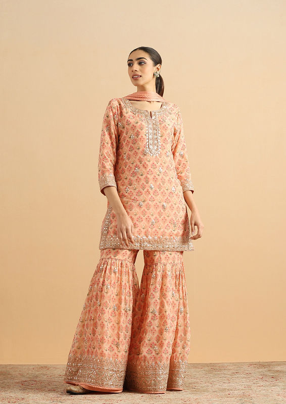 Twamev Women Peachy Organza Tulip Stitched Suit