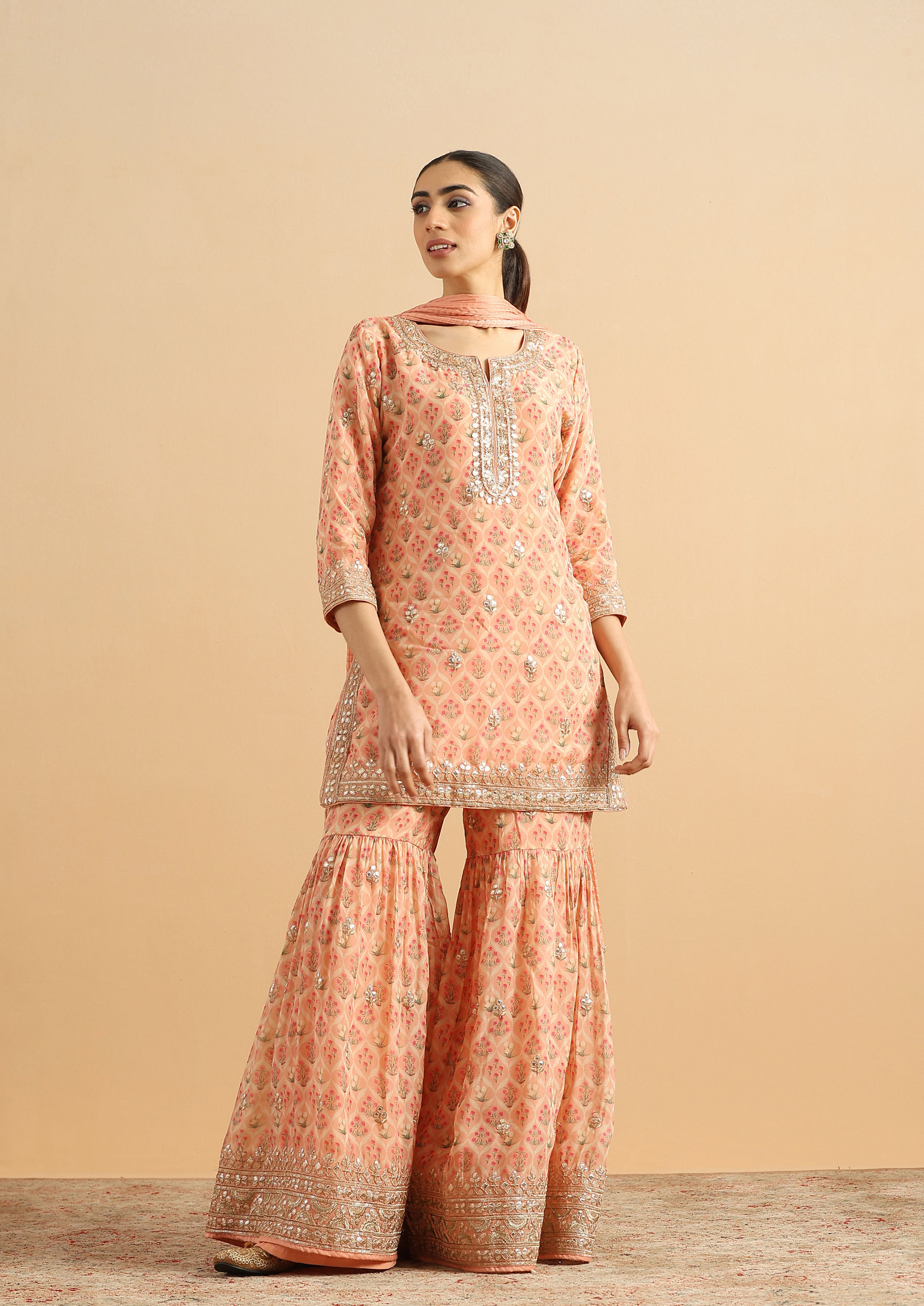Twamev Women Peachy Organza Tulip Stitched Suit
