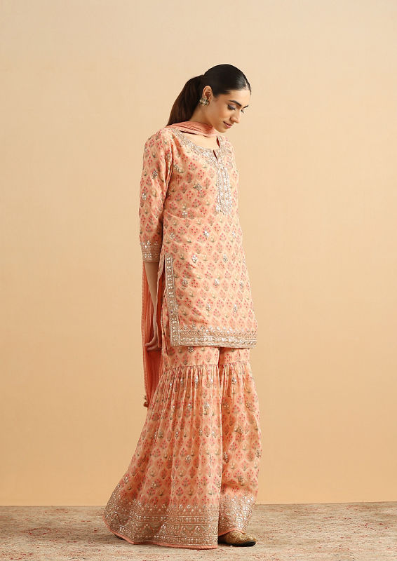 Twamev Women Peachy Organza Tulip Stitched Suit