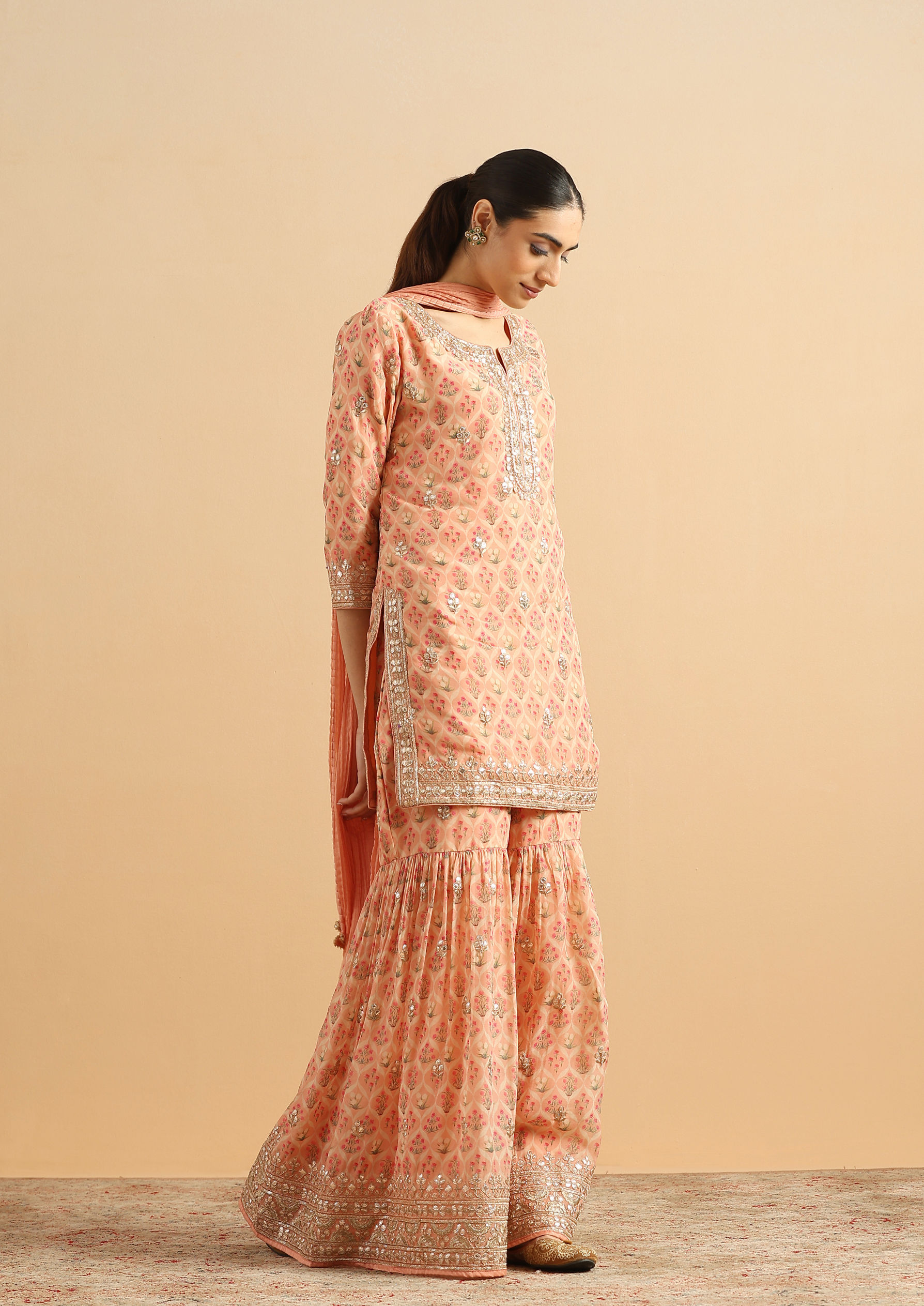 Twamev Women Peachy Organza Tulip Stitched Suit