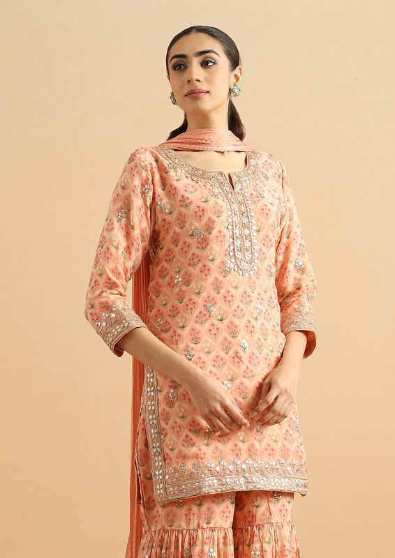Twamev Women Peachy Organza Tulip Stitched Suit