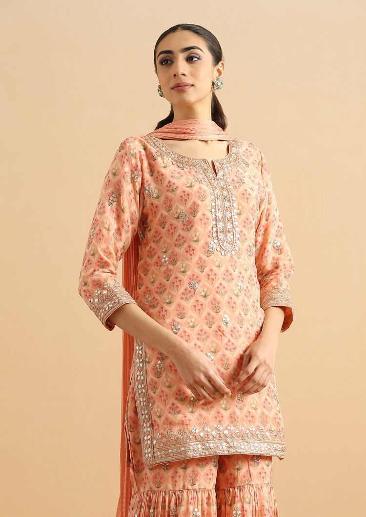 Twamev Women Peachy Organza Tulip Stitched Suit