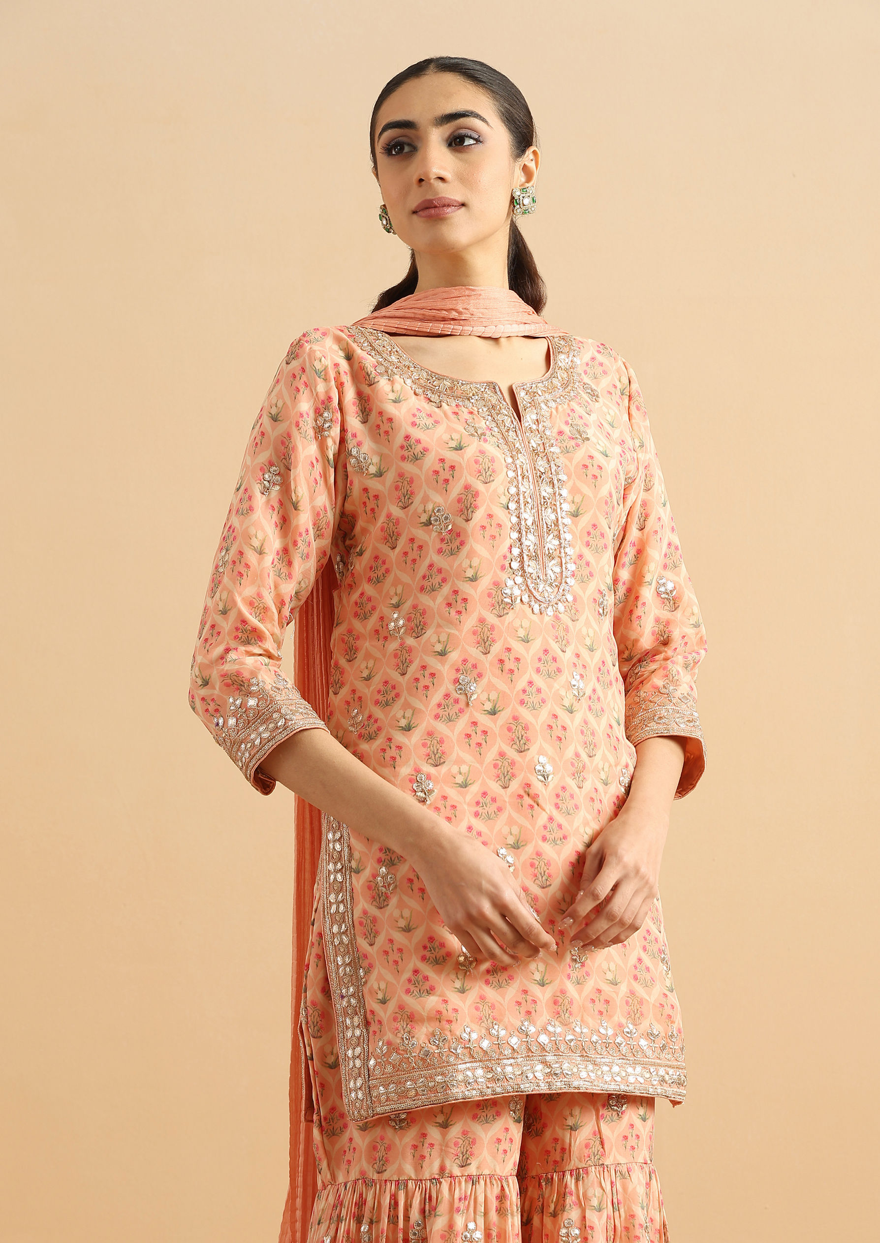 Twamev Women Peachy Organza Tulip Stitched Suit