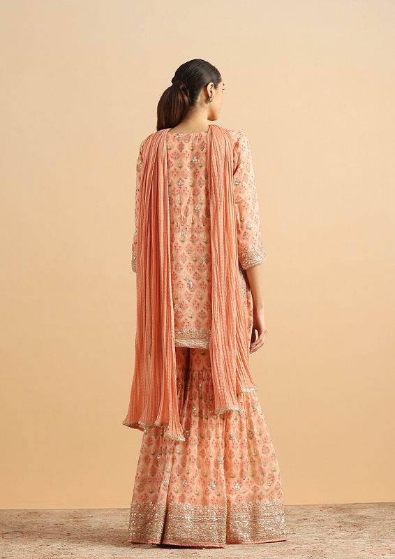 Twamev Women Peachy Organza Tulip Stitched Suit