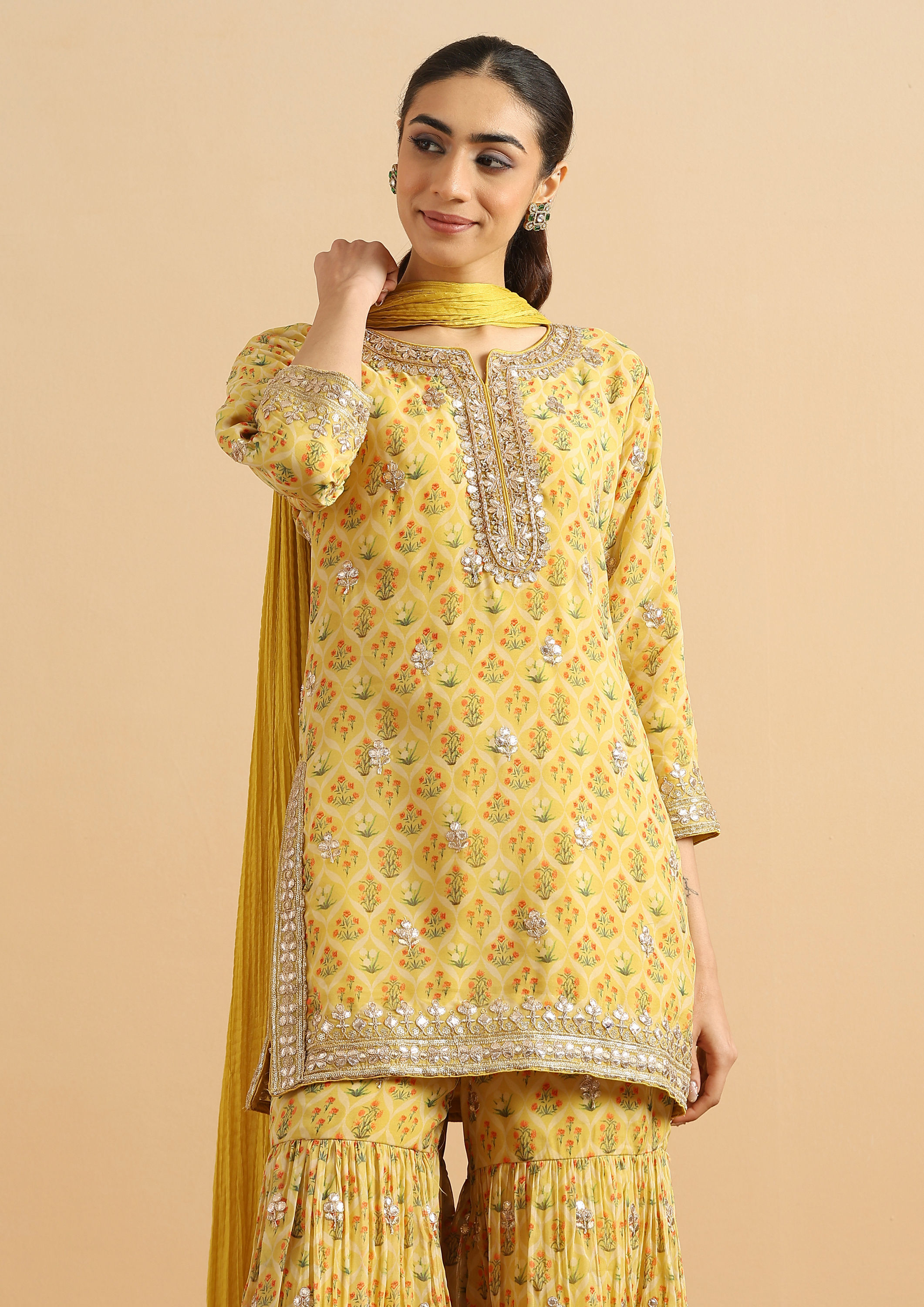 Twamev Women Sunlit Yellow Organza Rose Stitched Suit