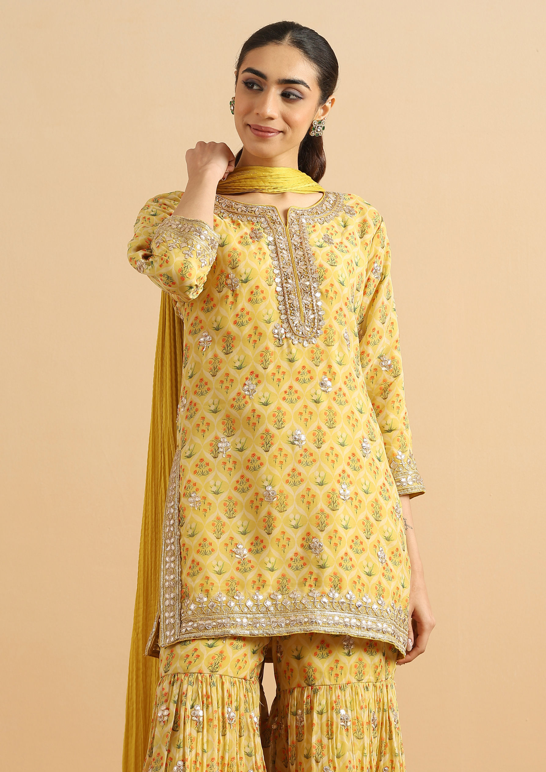 Twamev Women Sunlit Yellow Organza Rose Stitched Suit