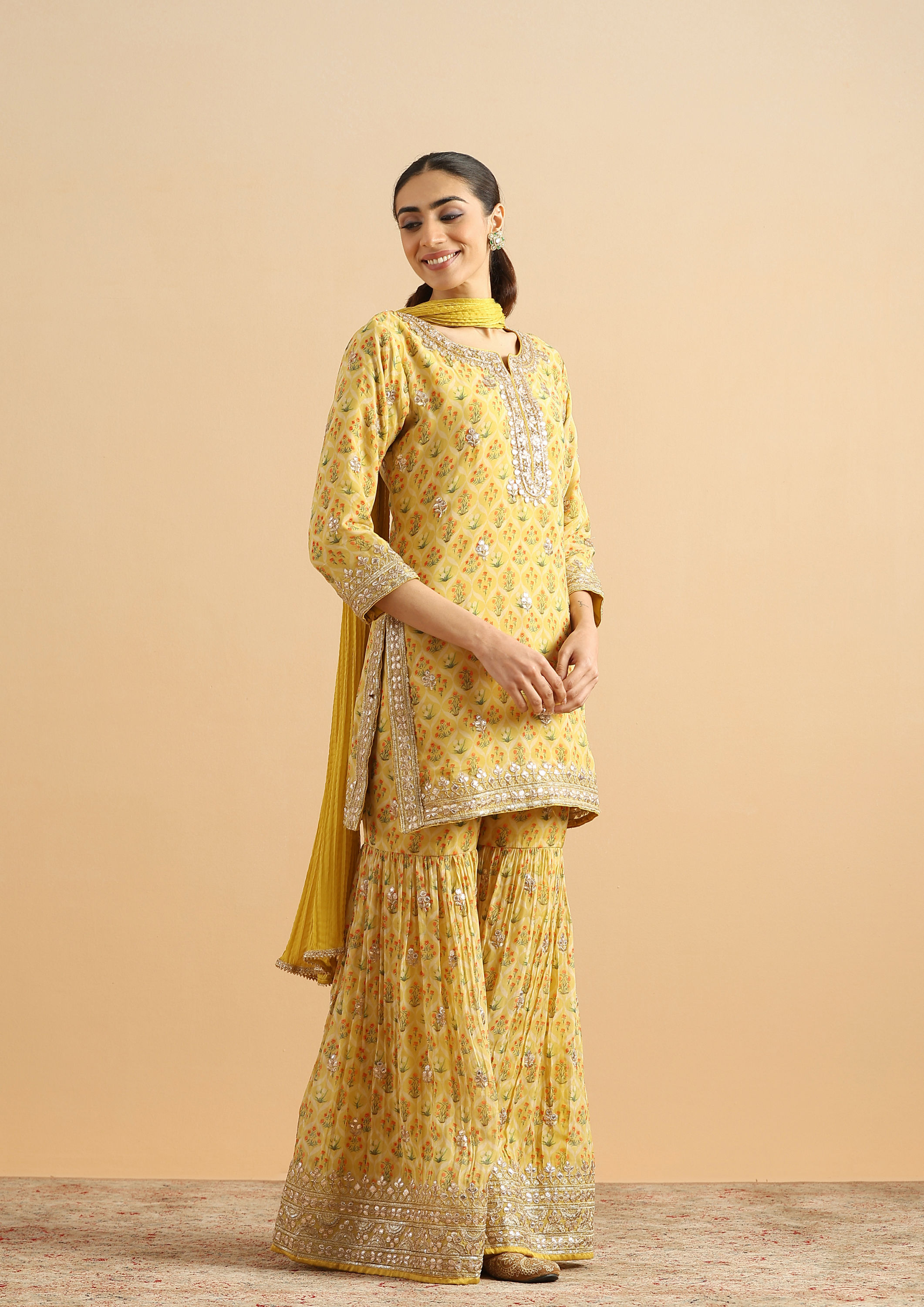 Twamev Women Sunlit Yellow Organza Rose Stitched Suit