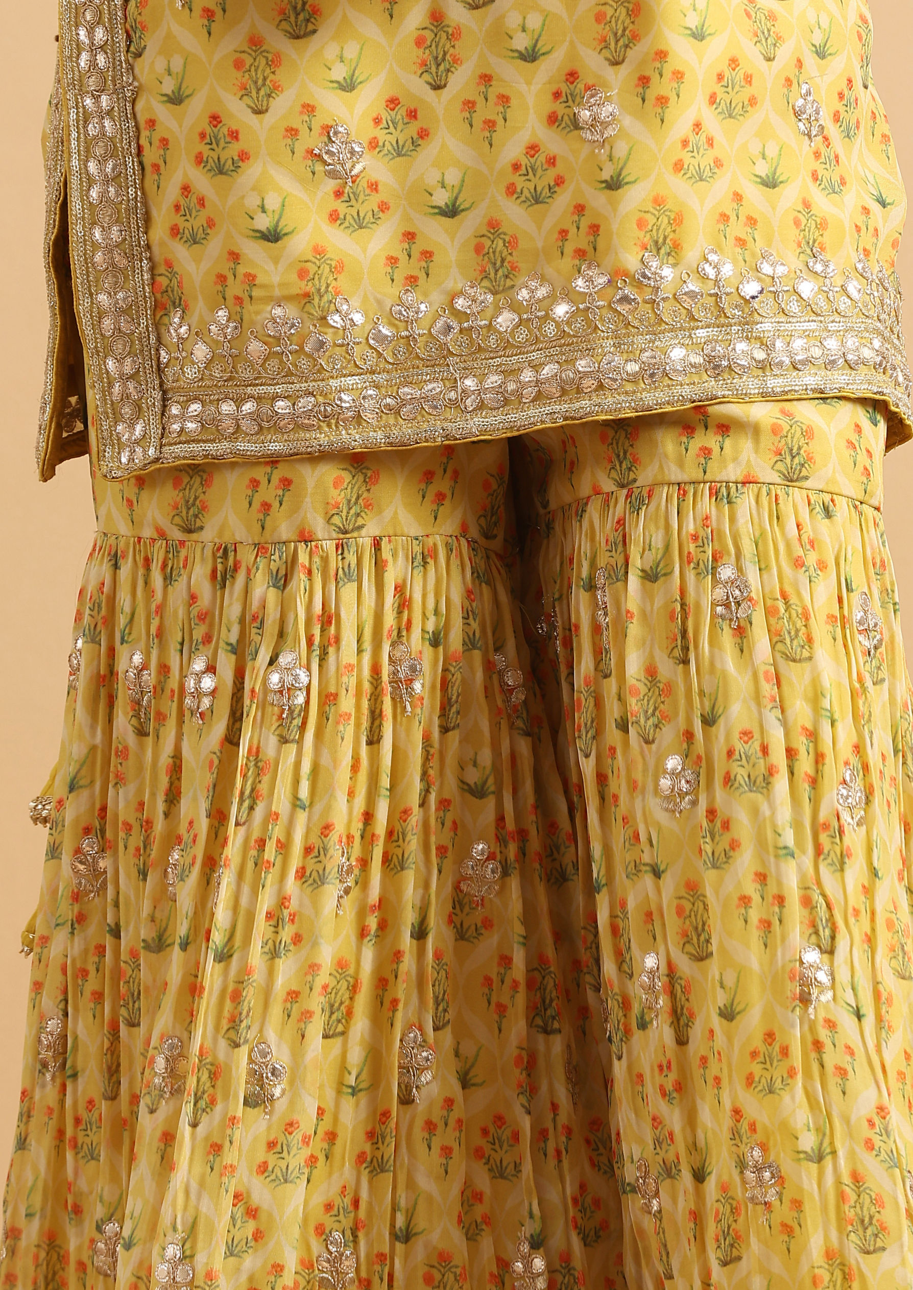 Twamev Women Sunlit Yellow Organza Rose Stitched Suit