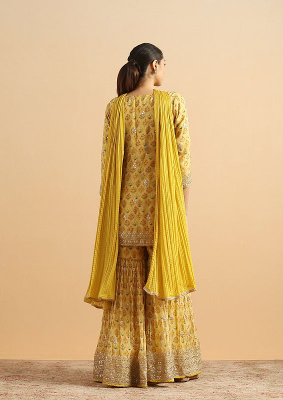 Twamev Women Sunlit Yellow Organza Rose Stitched Suit