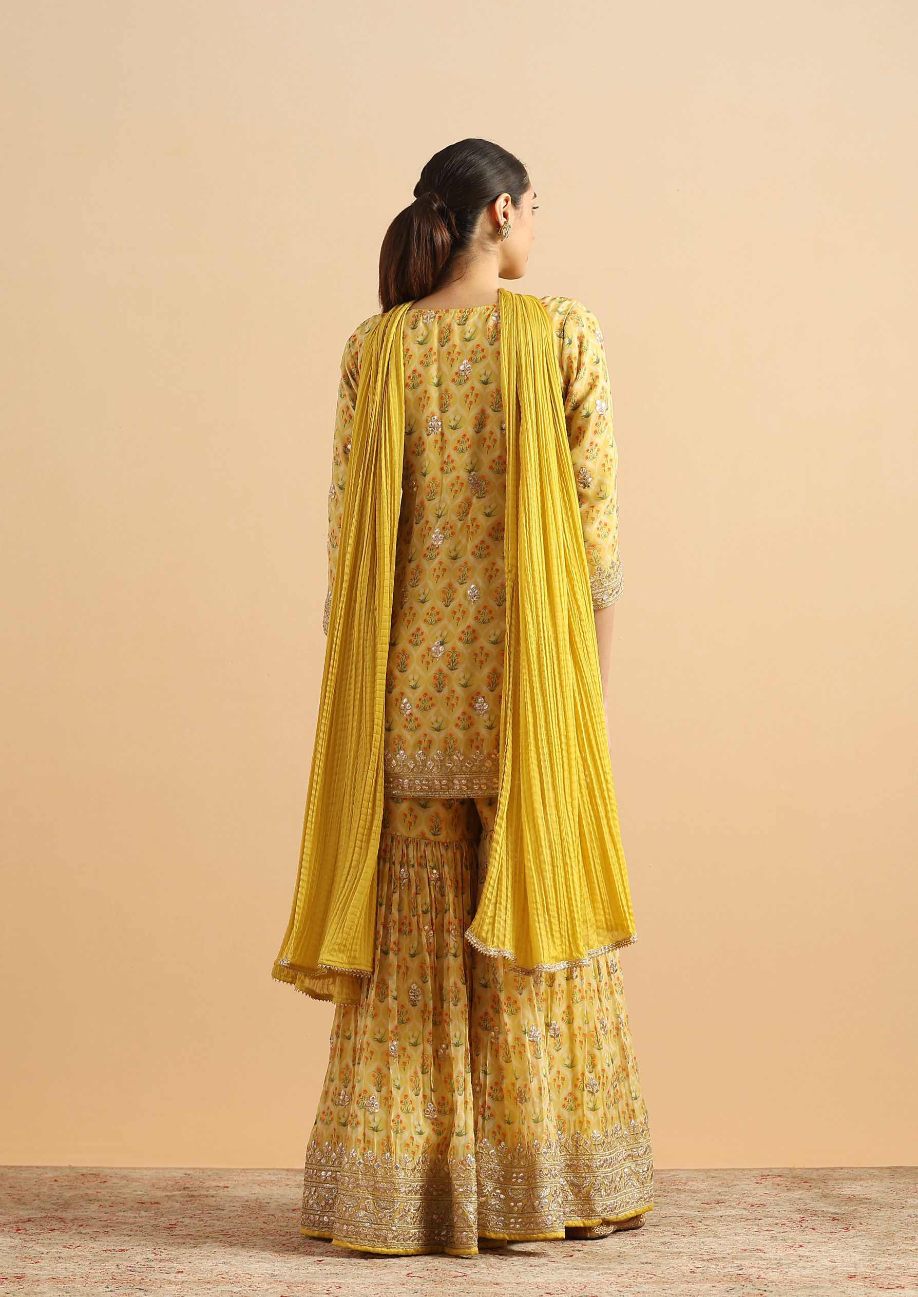Twamev Women Sunlit Yellow Organza Rose Stitched Suit