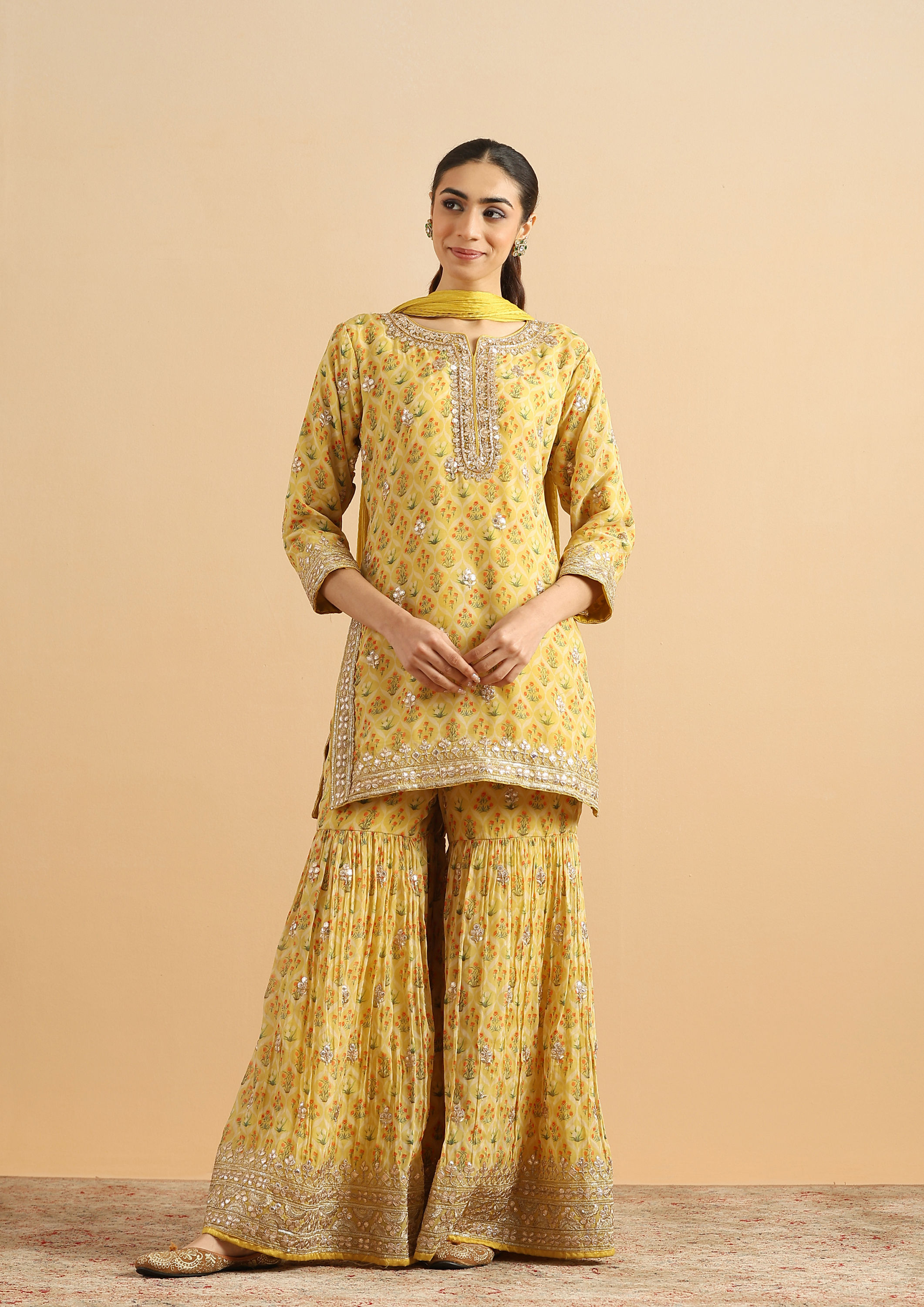 Twamev Women Sunlit Yellow Organza Rose Stitched Suit