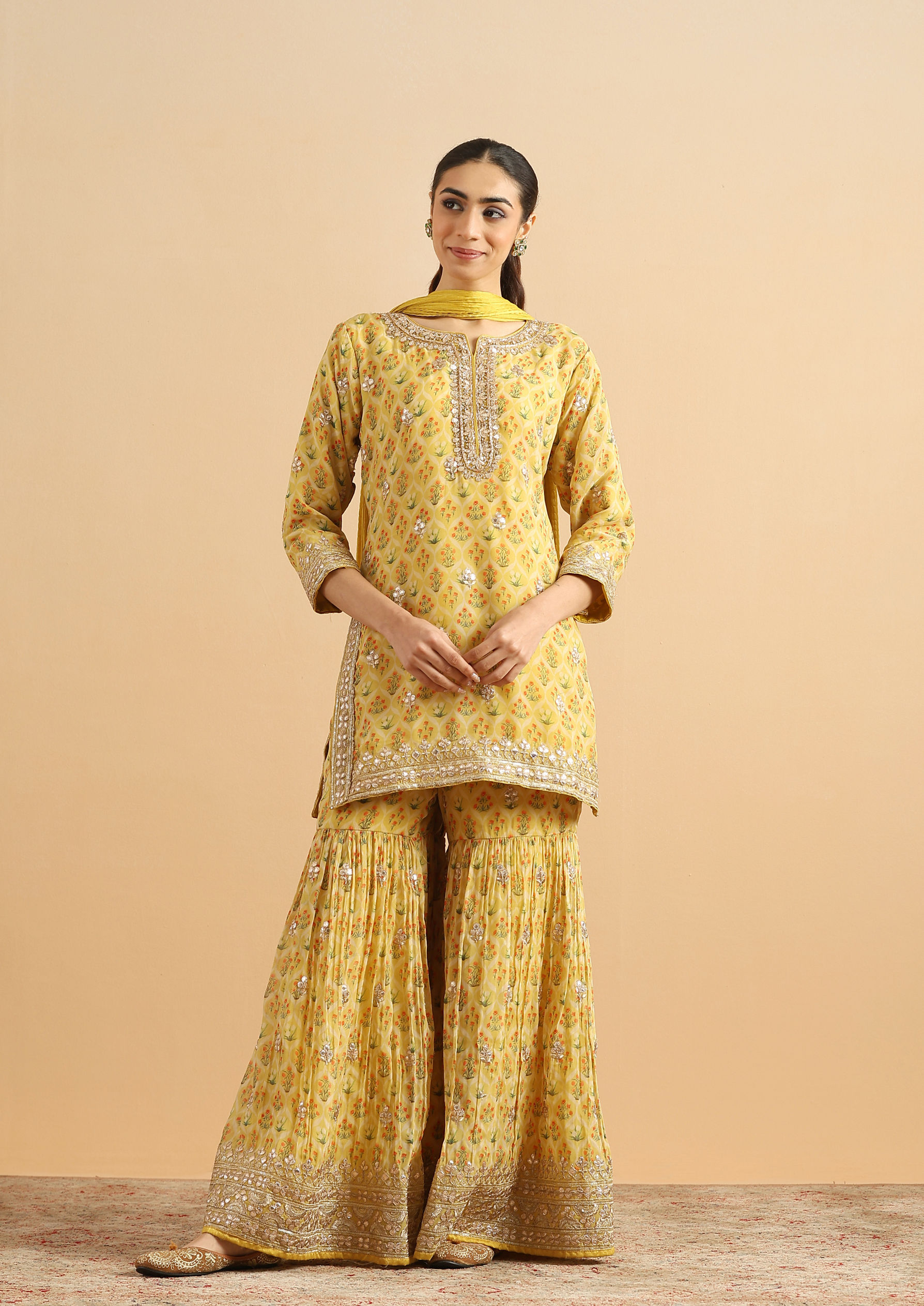 Twamev Women Sunlit Yellow Organza Rose Stitched Suit