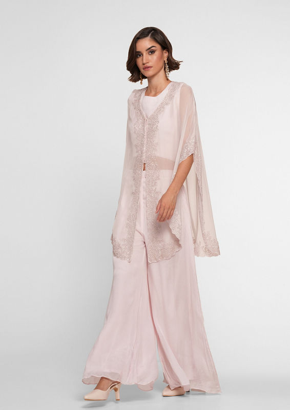 Twamev Women Elegant Pink Organza Stitched Suit
