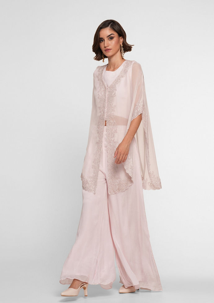 Twamev Women Elegant Pink Organza Stitched Suit