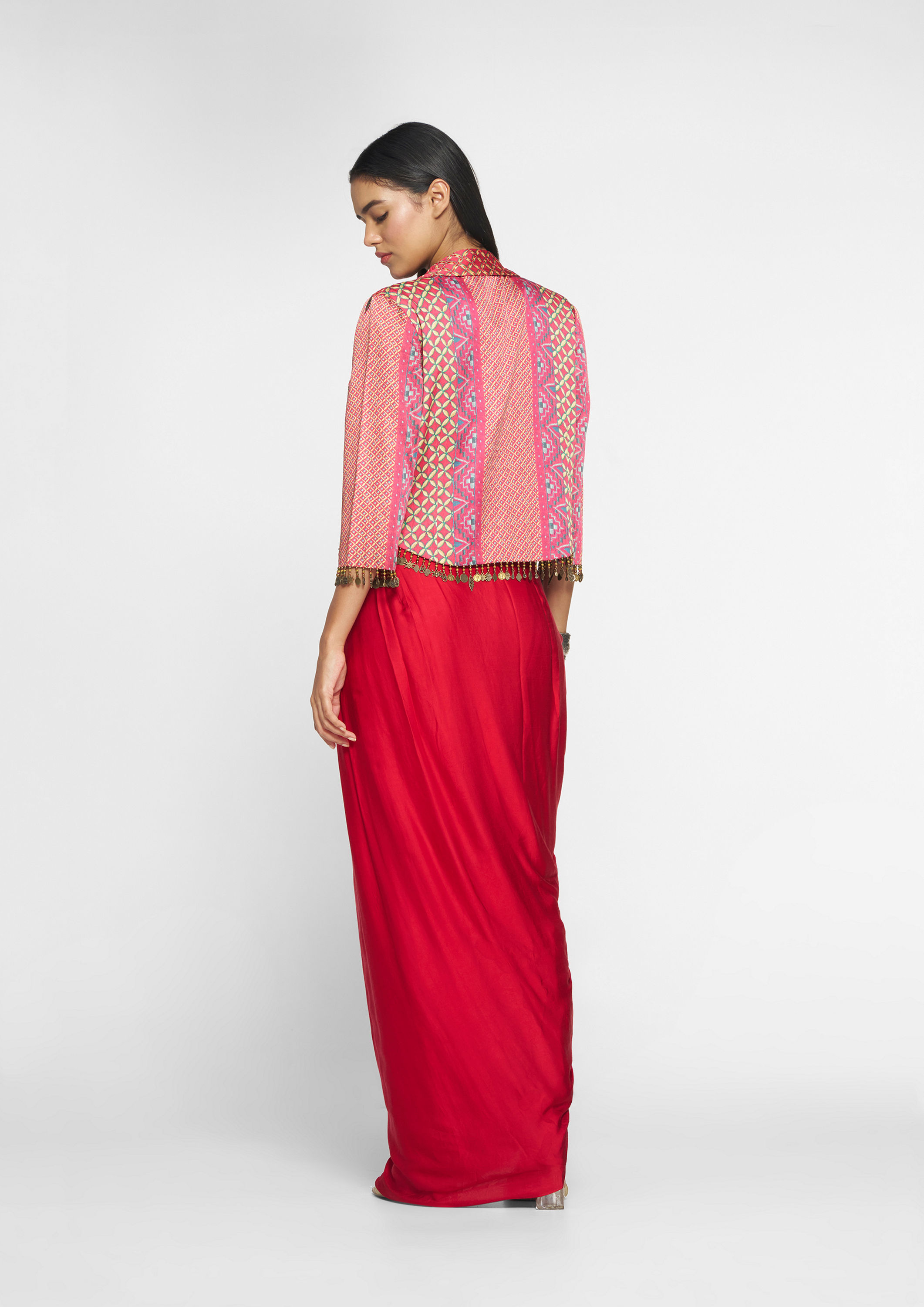 Twamev Women Lush Ruby Red Layered Ensemble Indo Western