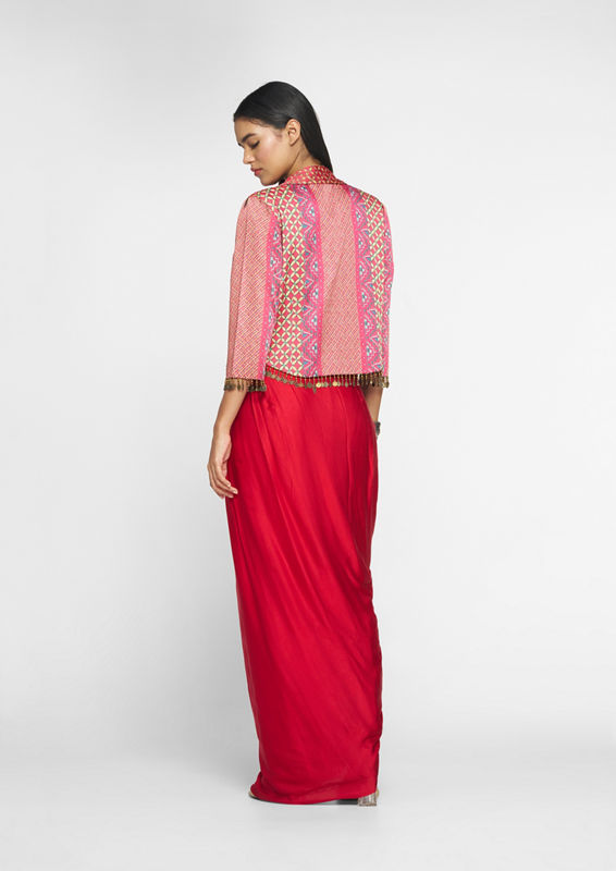 Twamev Women Lush Ruby Red Layered Ensemble Indo Western