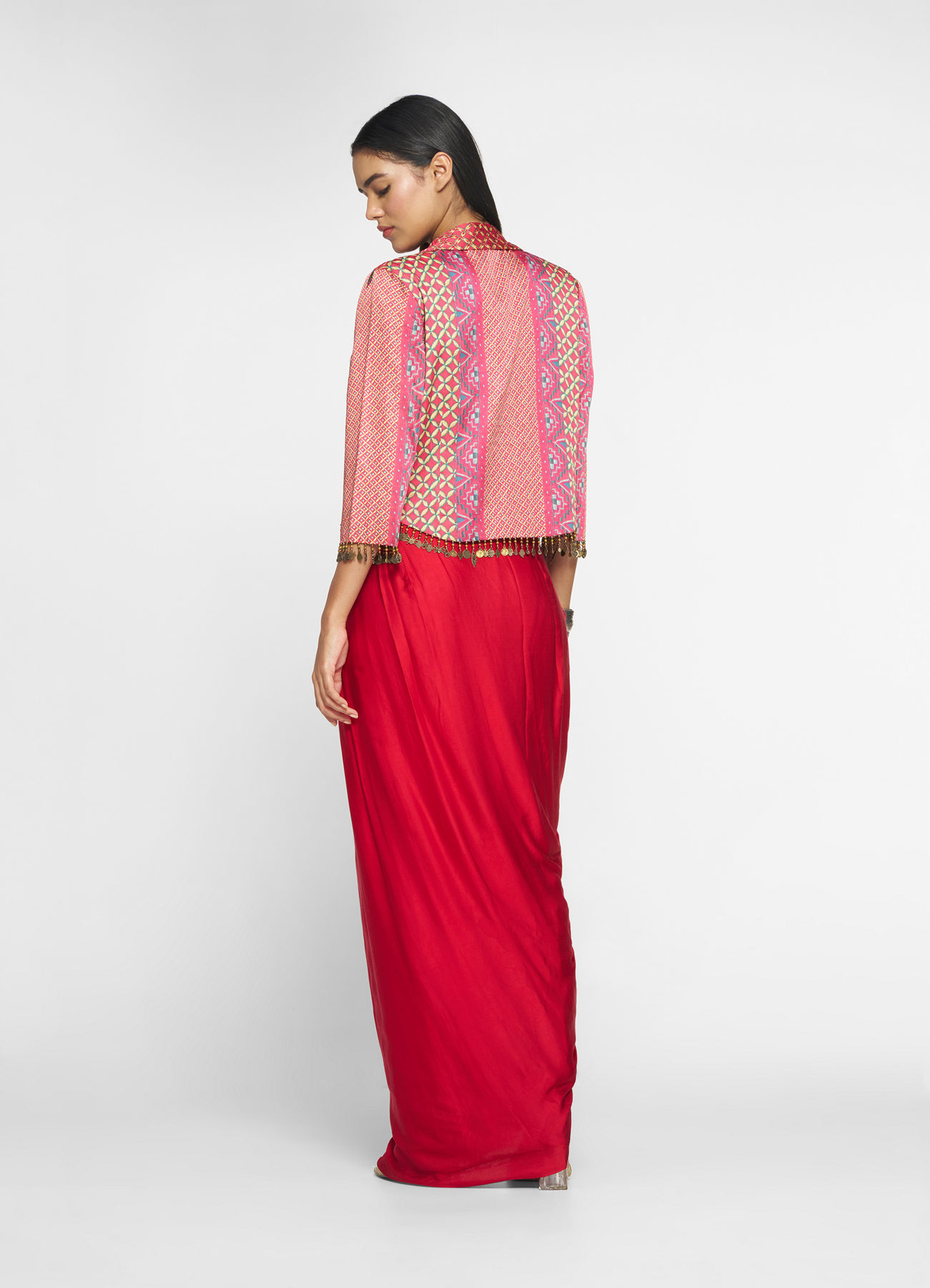 Twamev Women Lush Ruby Red Layered Ensemble Indo Western