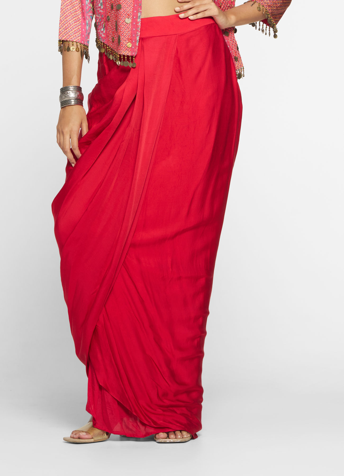 Twamev Women Lush Ruby Red Layered Ensemble Indo Western