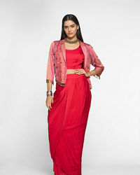 Twamev Women Lush Ruby Red Layered Ensemble Indo Western