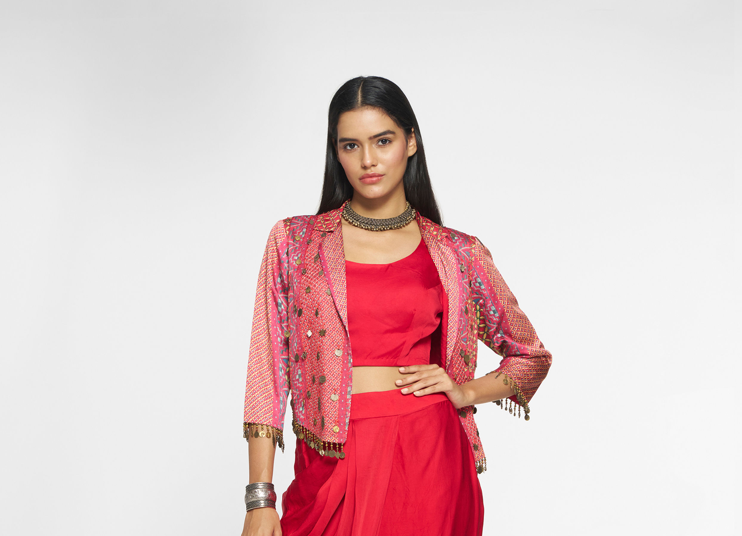Twamev Women Lush Ruby Red Layered Ensemble Indo Western