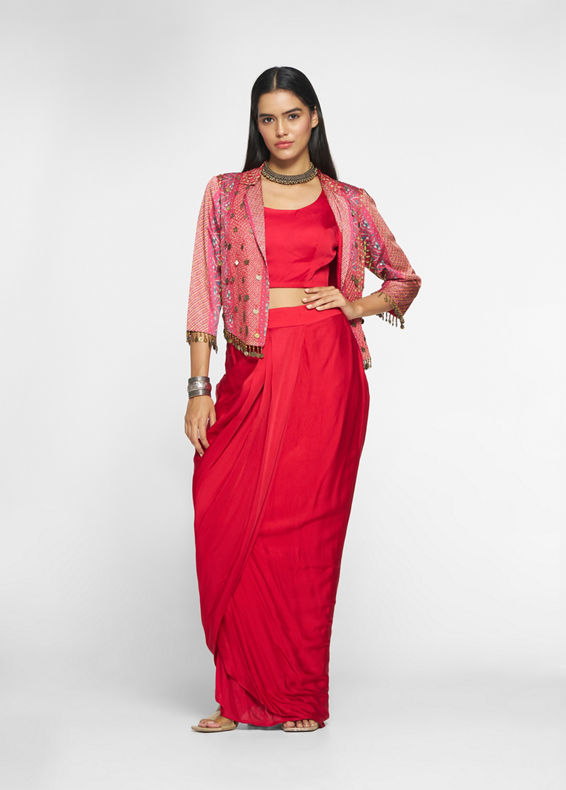 Twamev Women Lush Ruby Red Layered Ensemble Indo Western