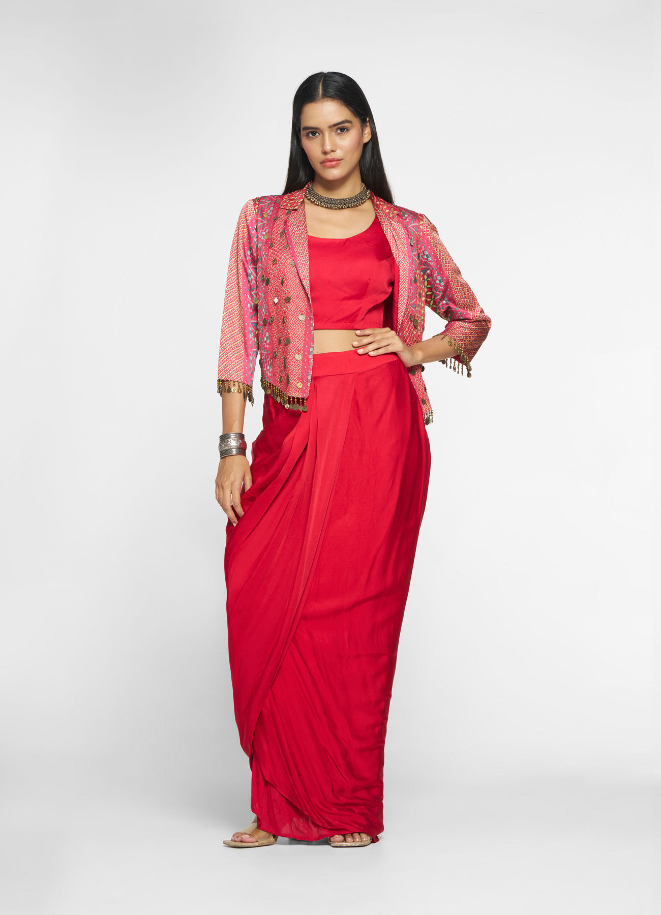 Twamev Women Lush Ruby Red Layered Ensemble Indo Western
