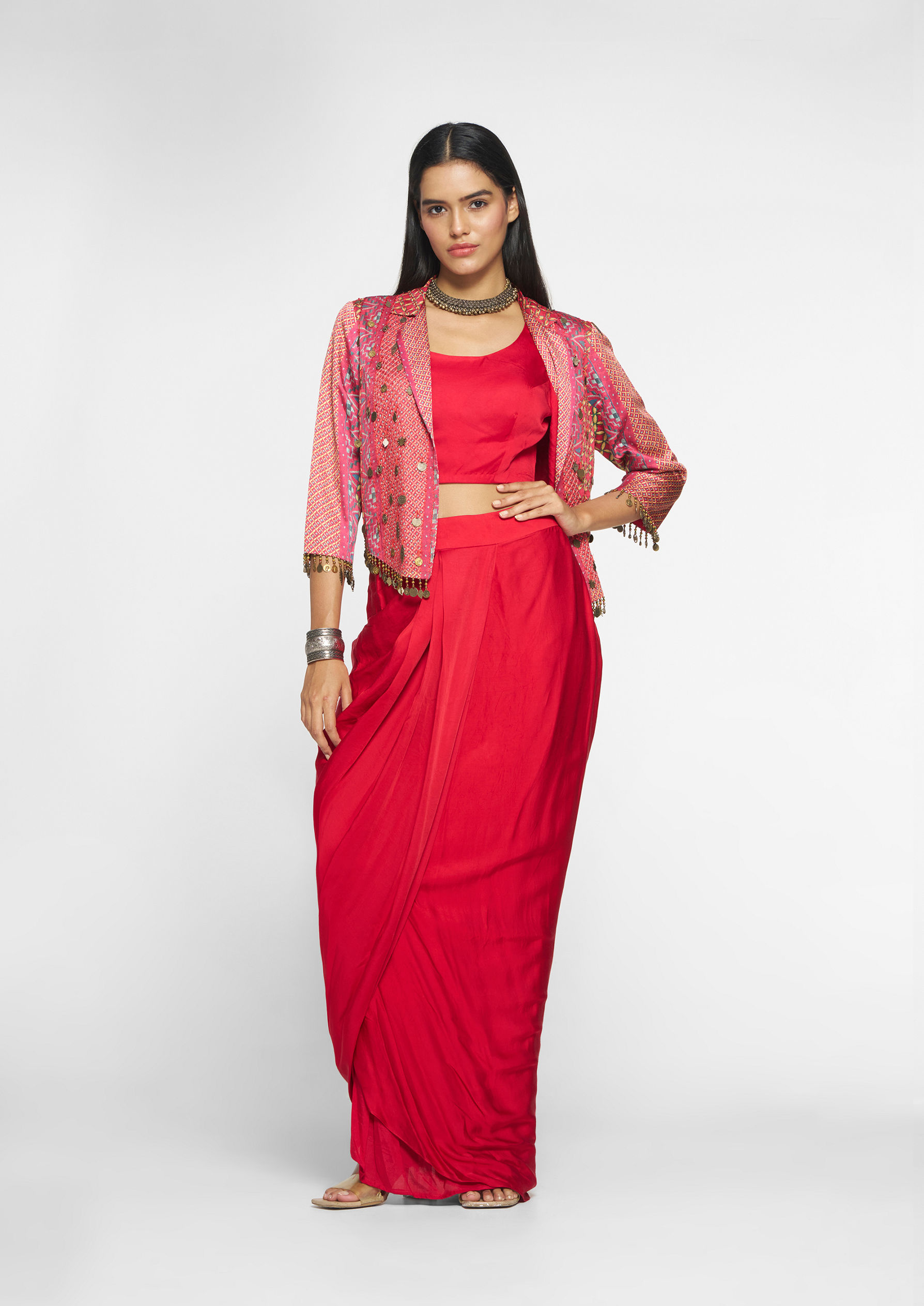 Twamev Women Lush Ruby Red Layered Ensemble Indo Western