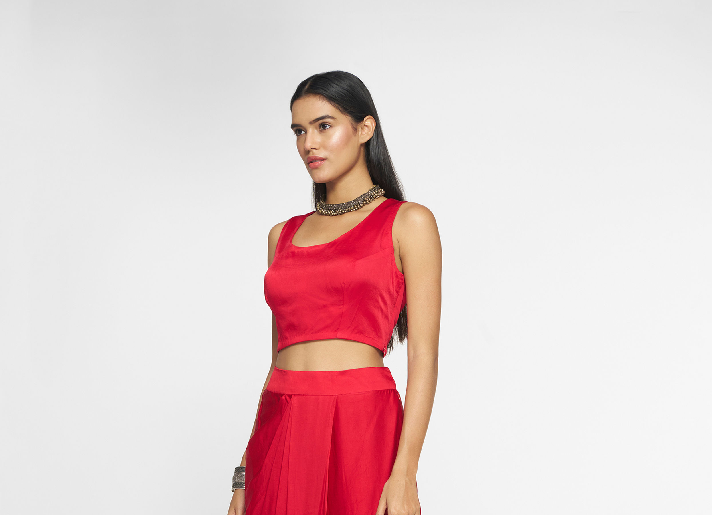 Twamev Women Lush Ruby Red Layered Ensemble Indo Western