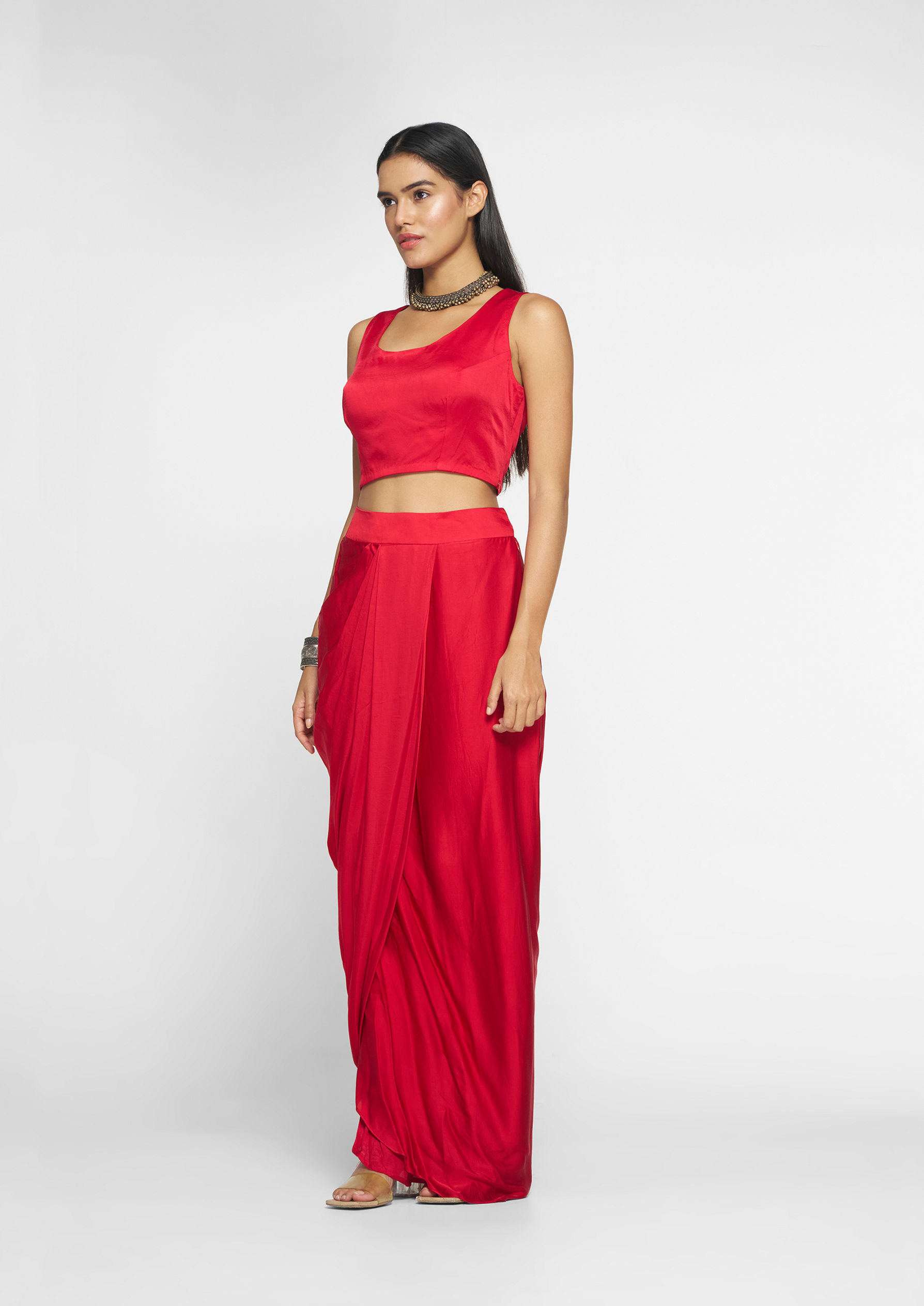 Twamev Women Lush Ruby Red Layered Ensemble Indo Western
