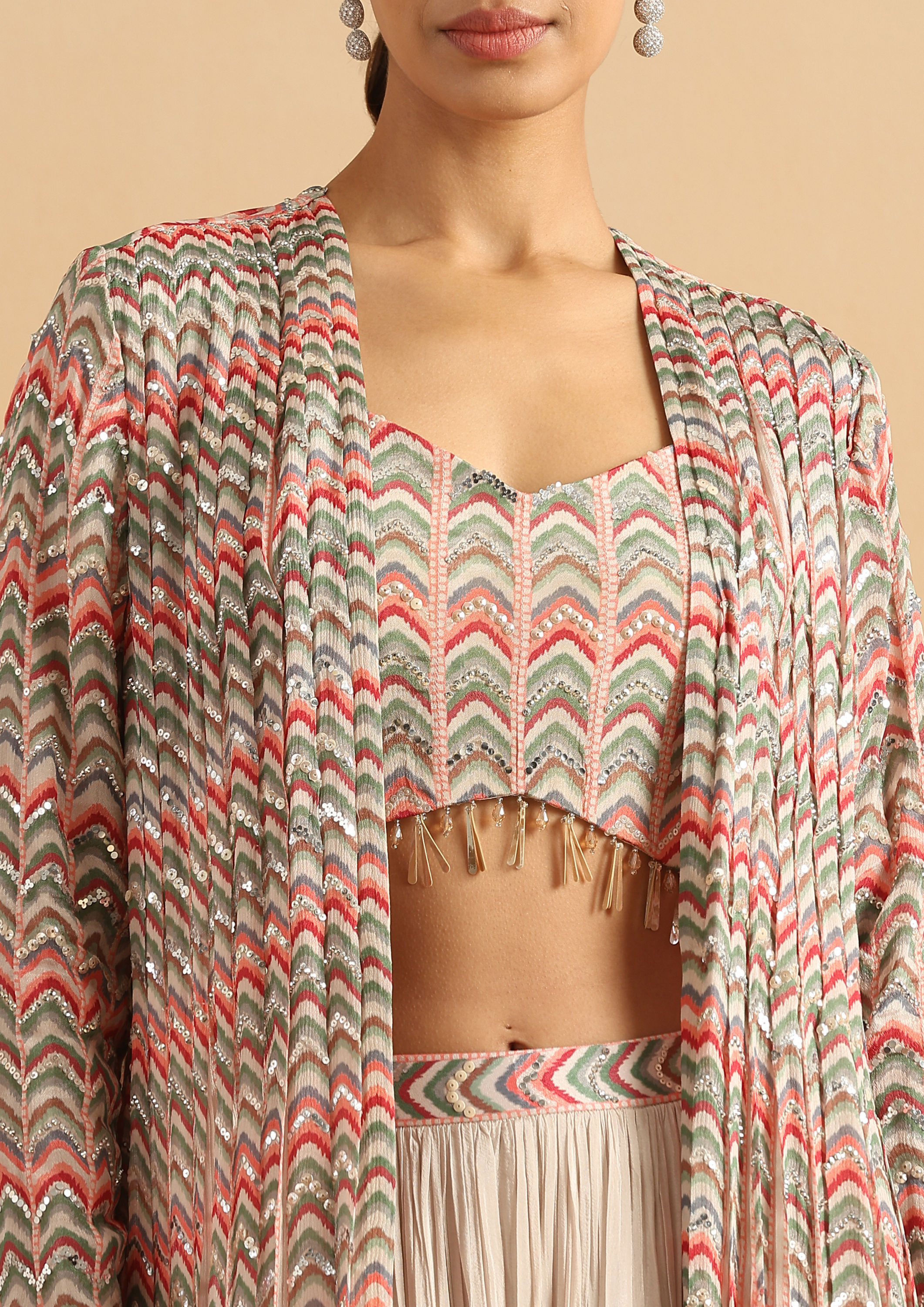 Twamev Women Romantic Geometric Dark Cream Stitched Suit