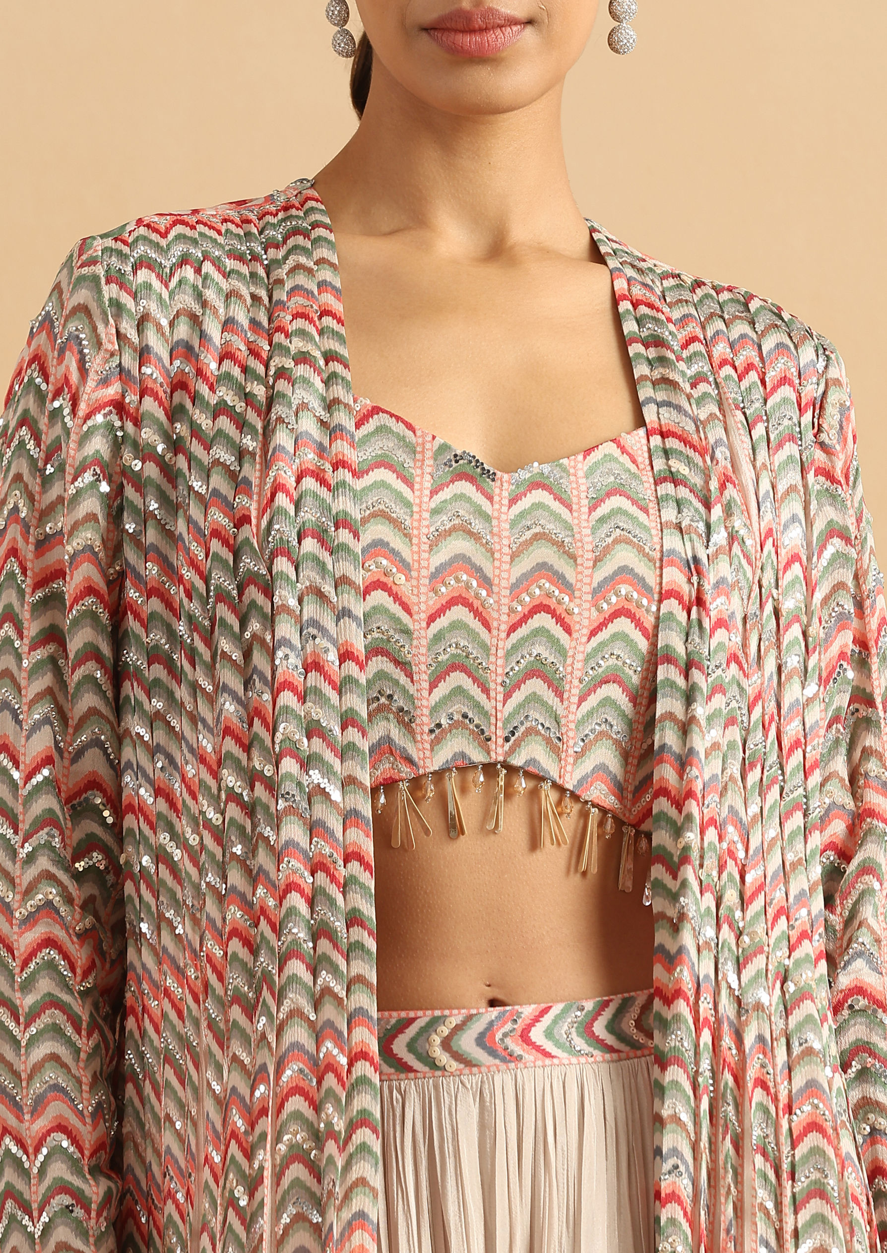 Twamev Women Romantic Geometric Dark Cream Stitched Suit