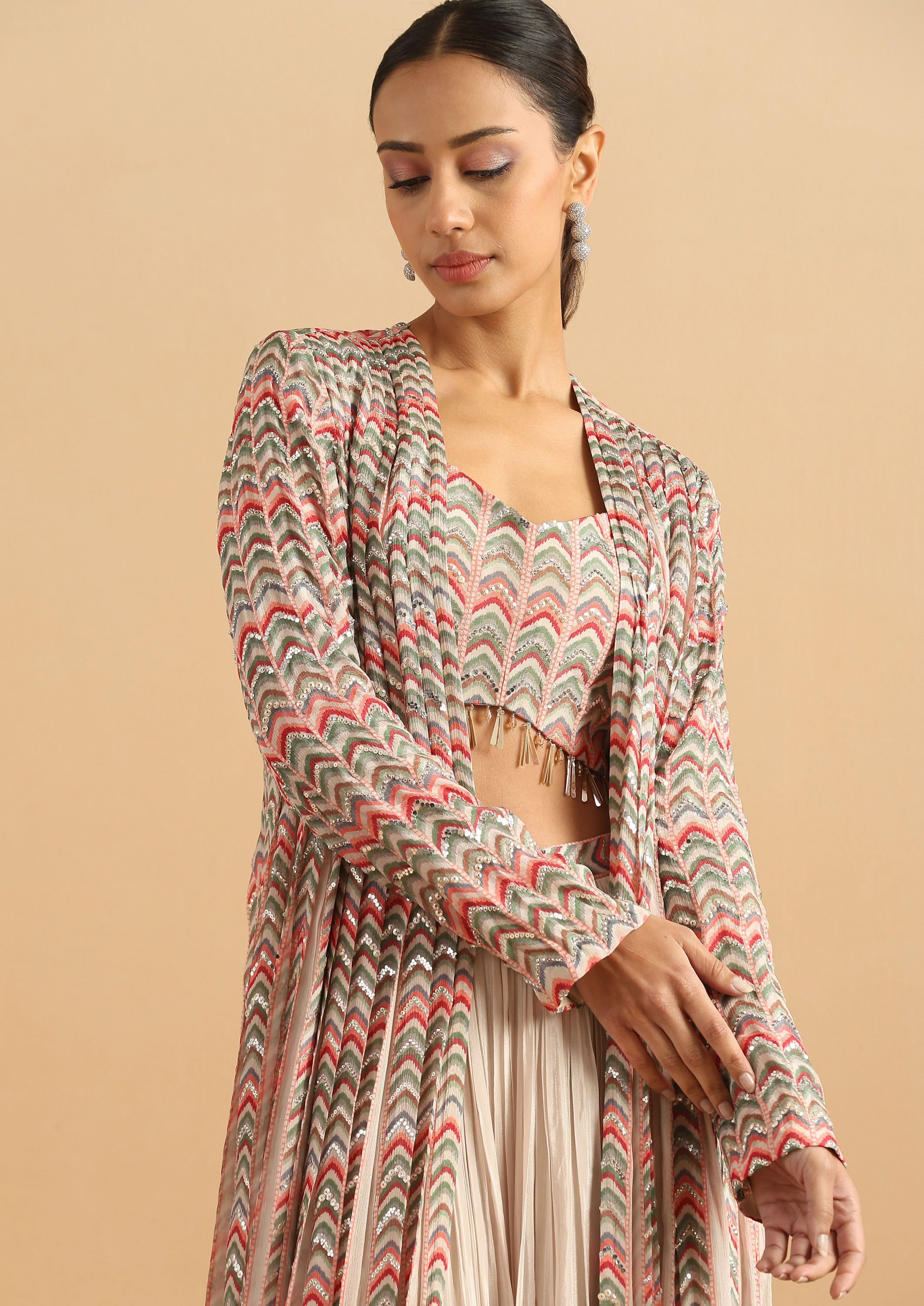 Twamev Women Romantic Geometric Dark Cream Stitched Suit