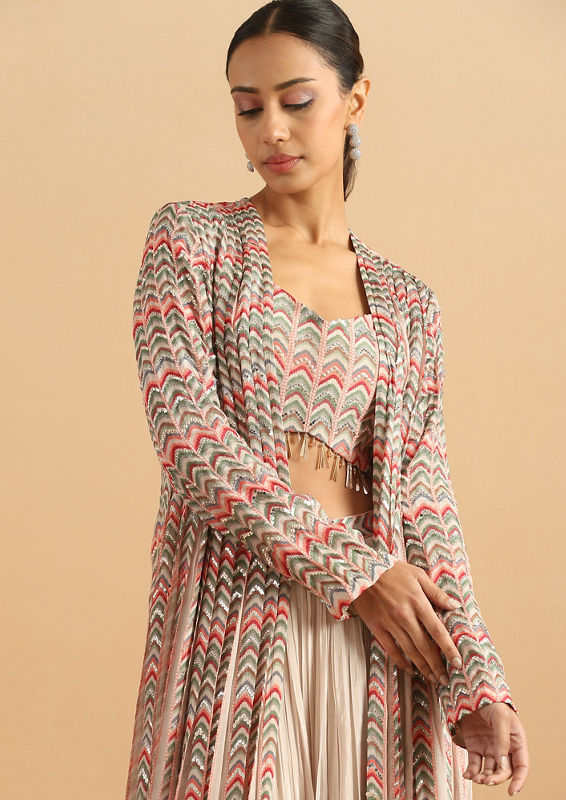 Twamev Women Romantic Geometric Dark Cream Stitched Suit