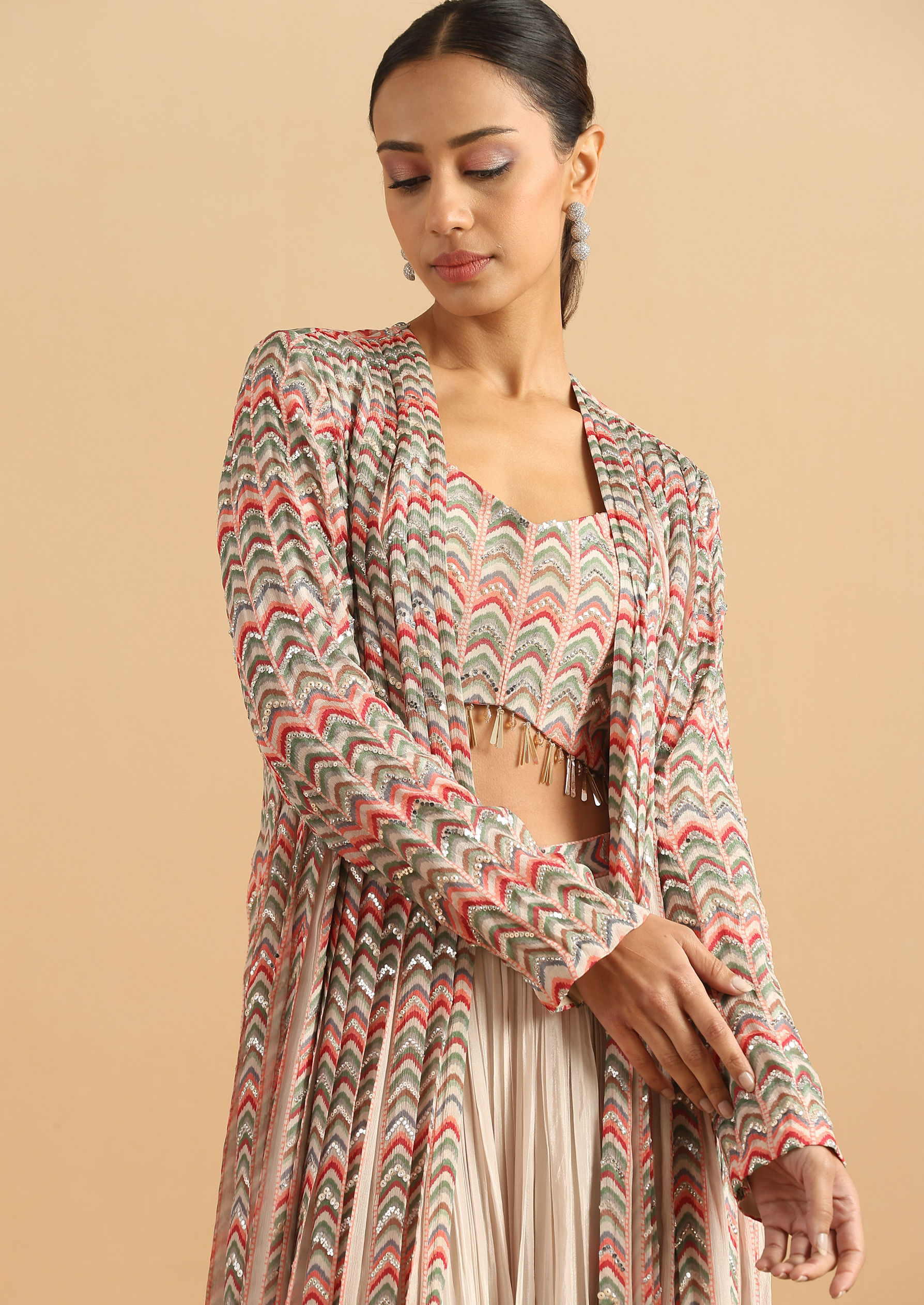 Twamev Women Romantic Geometric Dark Cream Stitched Suit