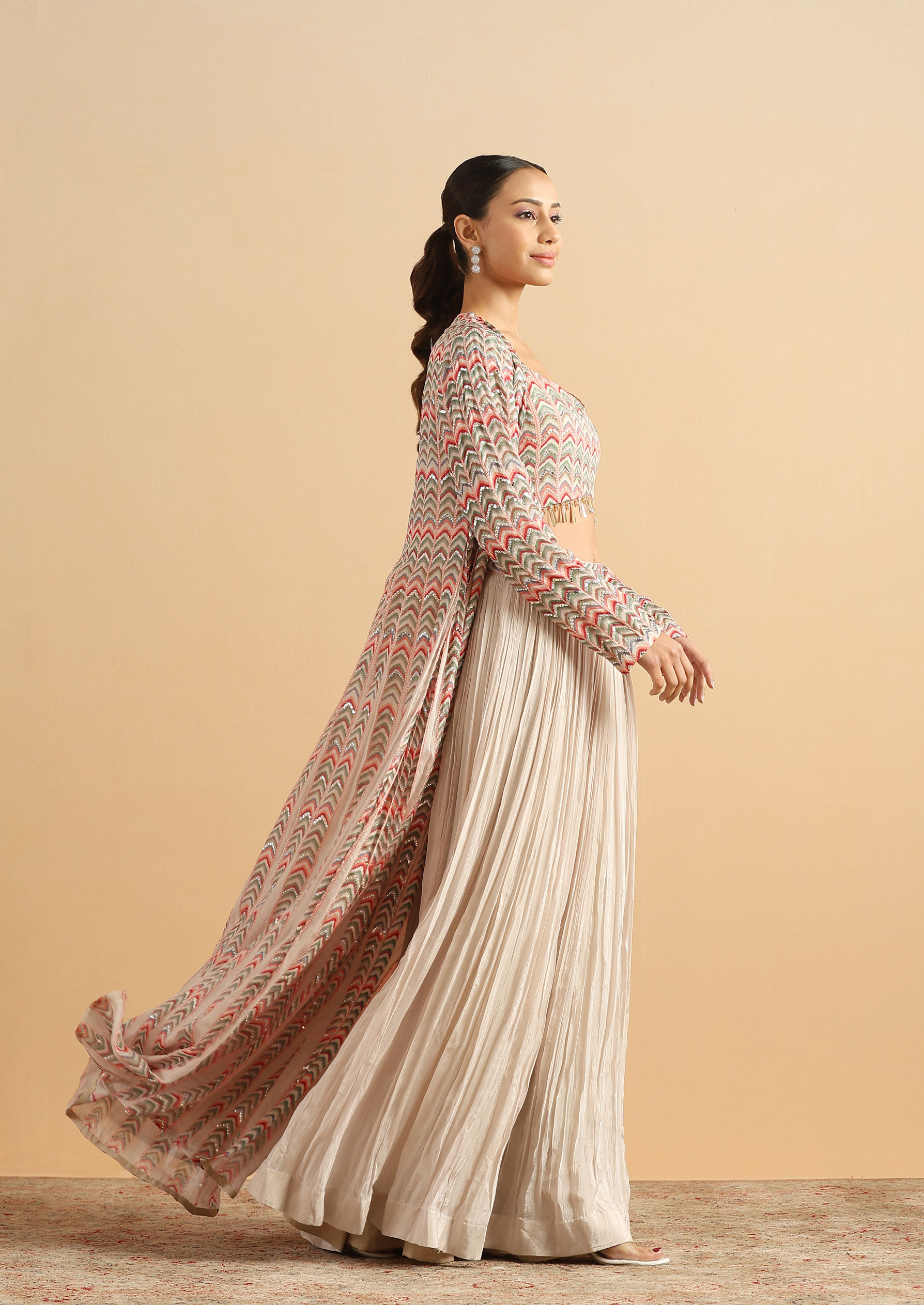 Twamev Women Romantic Geometric Dark Cream Stitched Suit