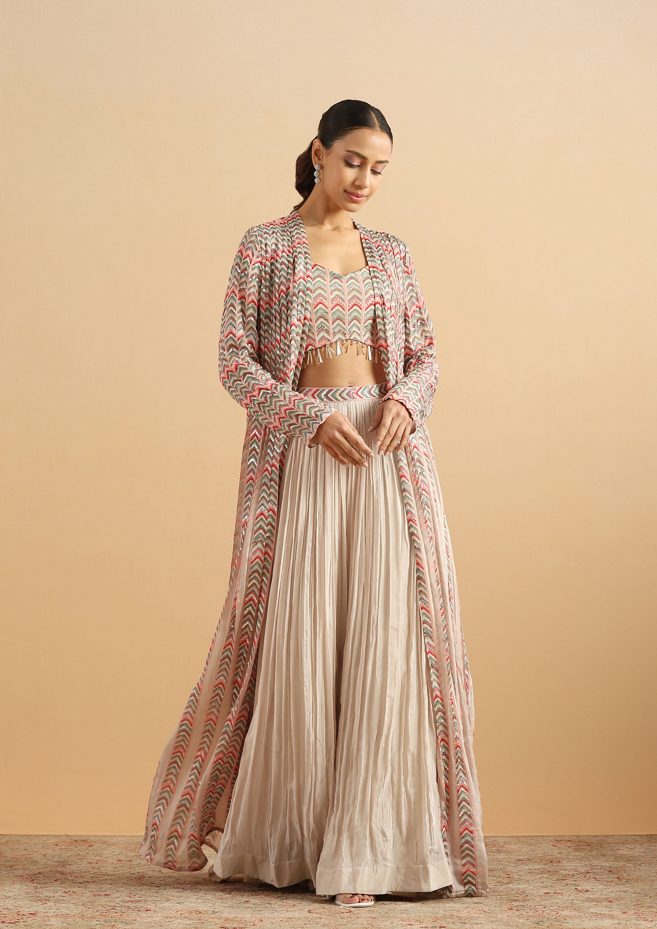 Twamev Women Romantic Geometric Dark Cream Stitched Suit