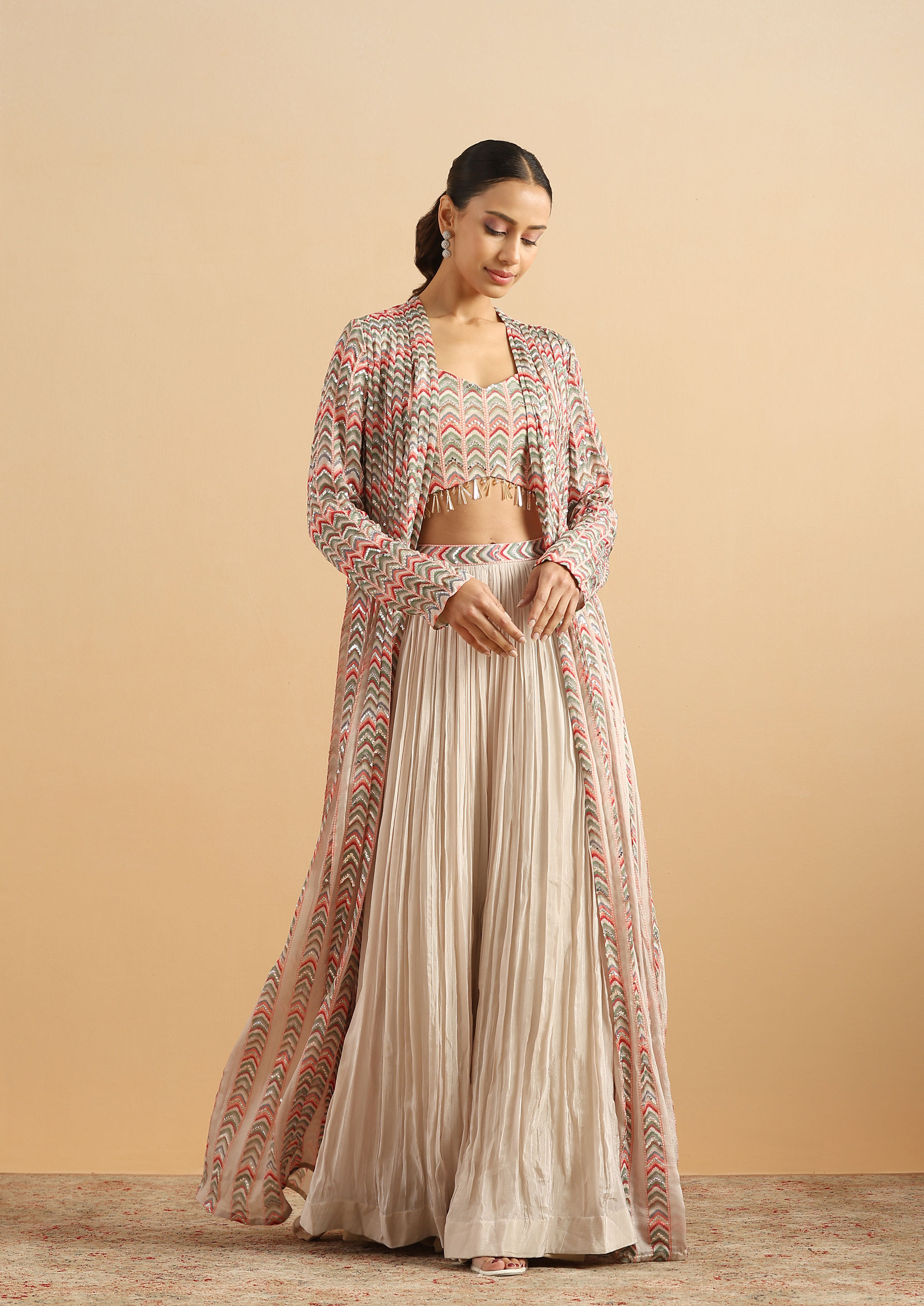 Twamev Women Romantic Geometric Dark Cream Stitched Suit