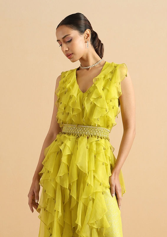 Twamev Women Contemporary Green Ruffle Stitched Suit