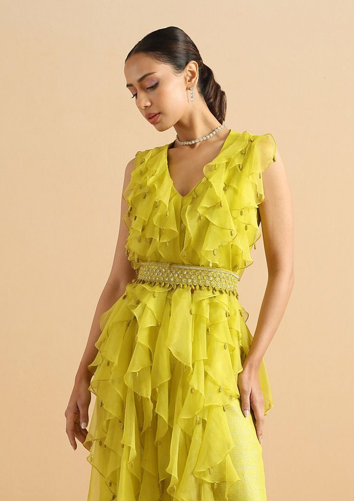 Twamev Women Contemporary Green Ruffle Stitched Suit