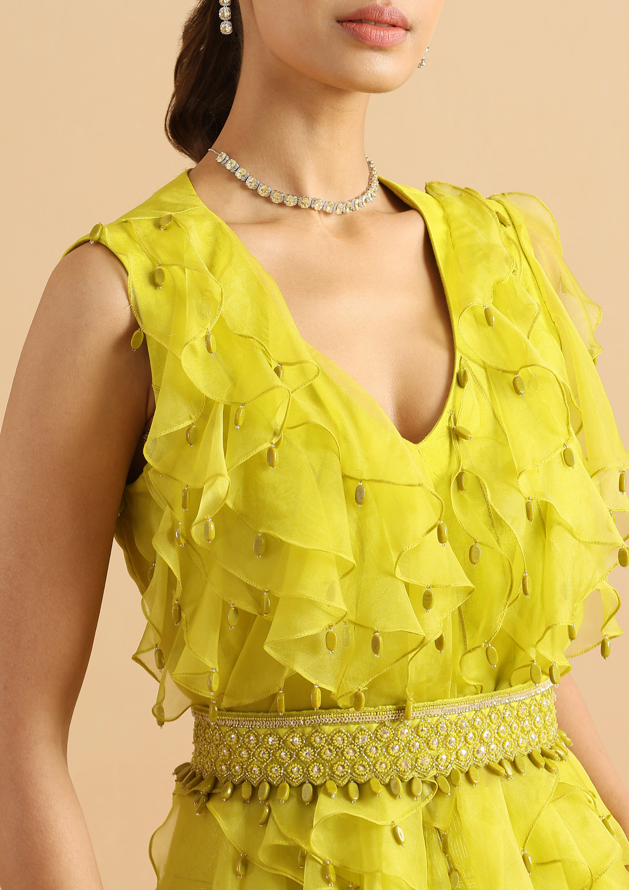 Twamev Women Contemporary Green Ruffle Stitched Suit
