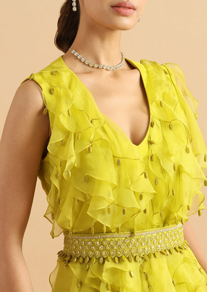 Twamev Women Contemporary Green Ruffle Stitched Suit