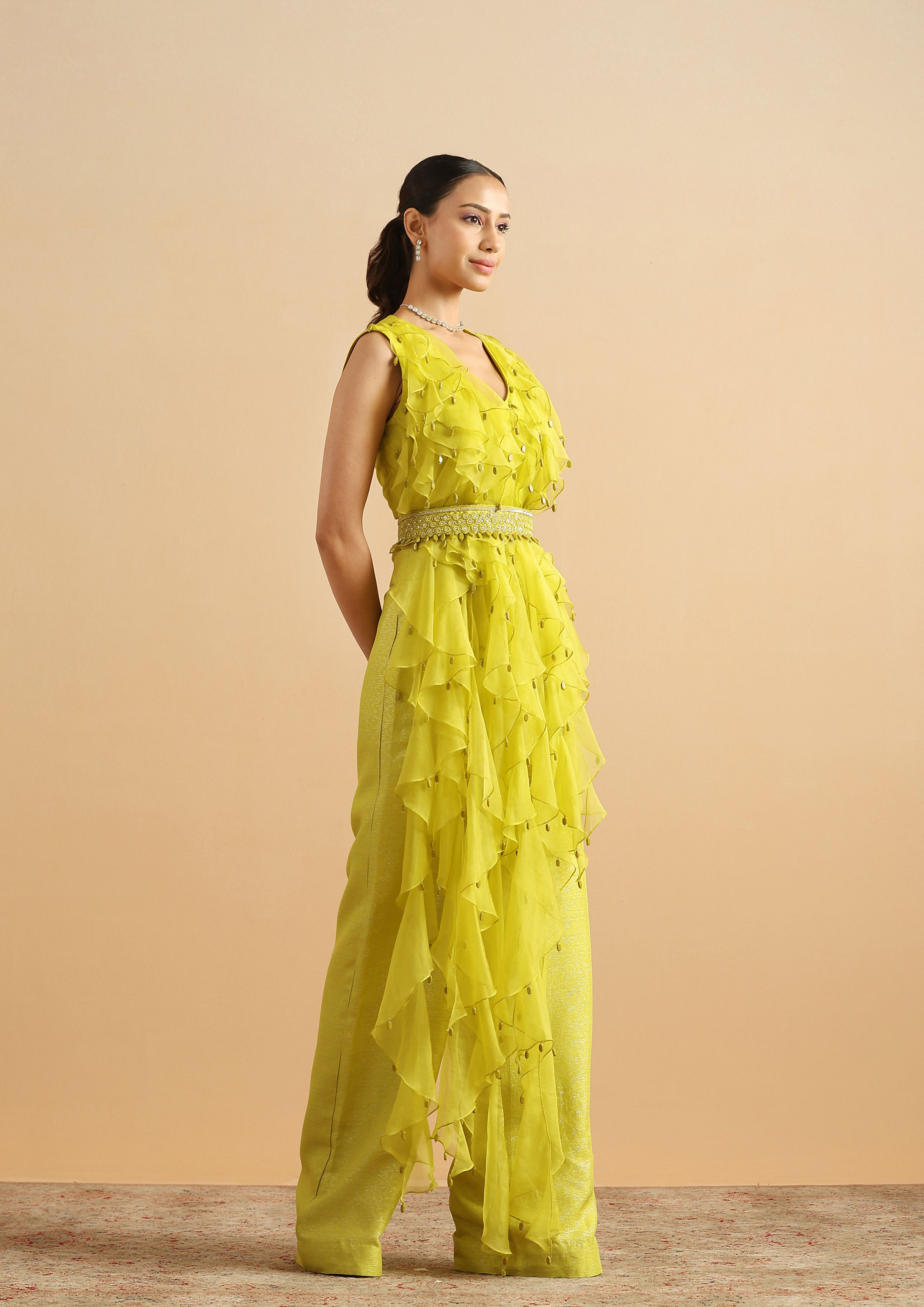 Twamev Women Contemporary Green Ruffle Stitched Suit
