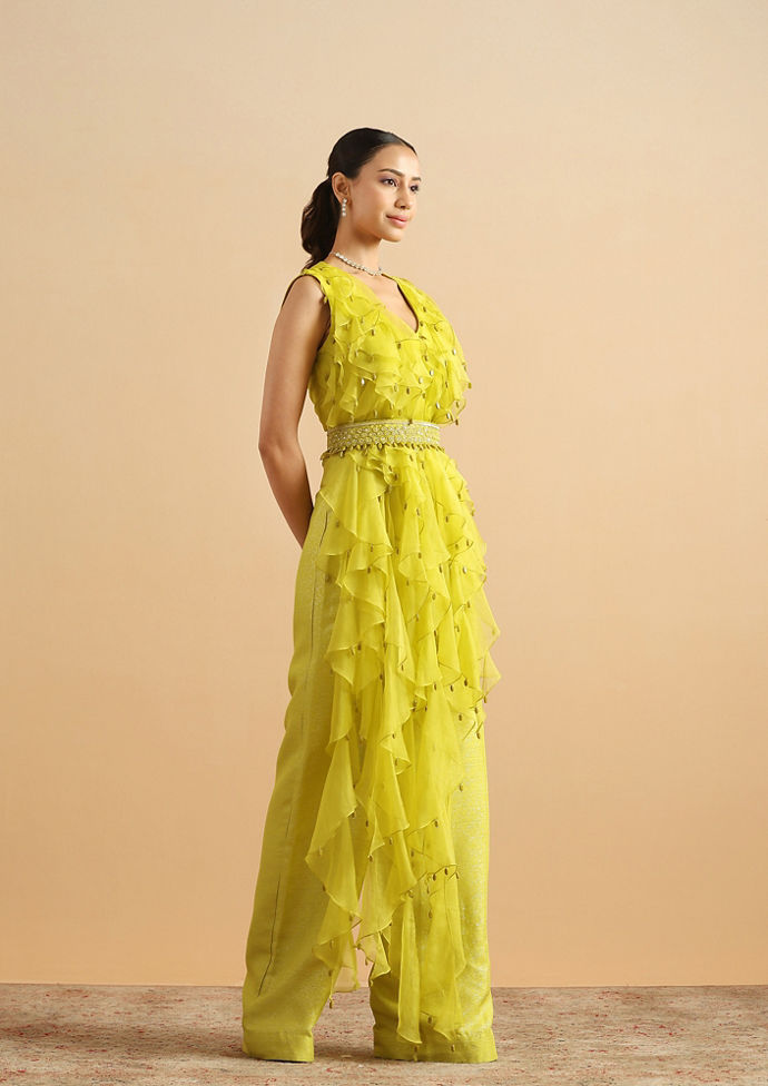 Twamev Women Contemporary Green Ruffle Stitched Suit