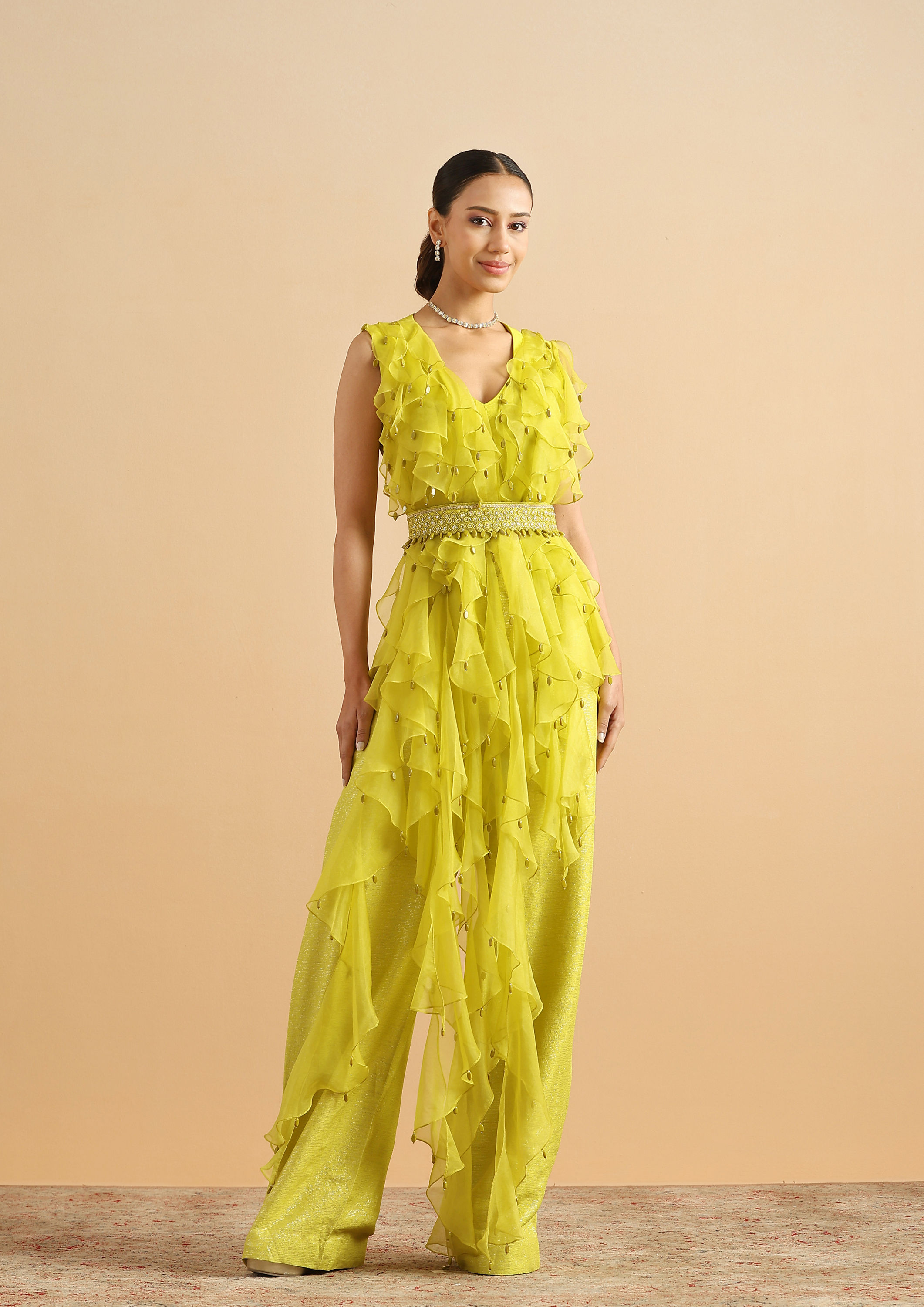 Twamev Women Contemporary Green Ruffle Stitched Suit