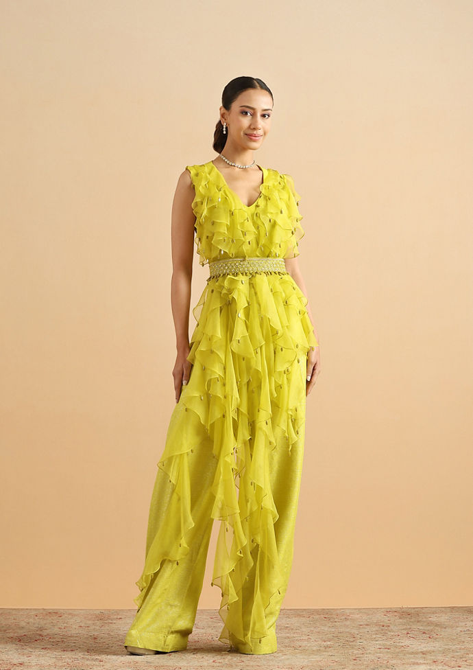 Twamev Women Contemporary Green Ruffle Stitched Suit